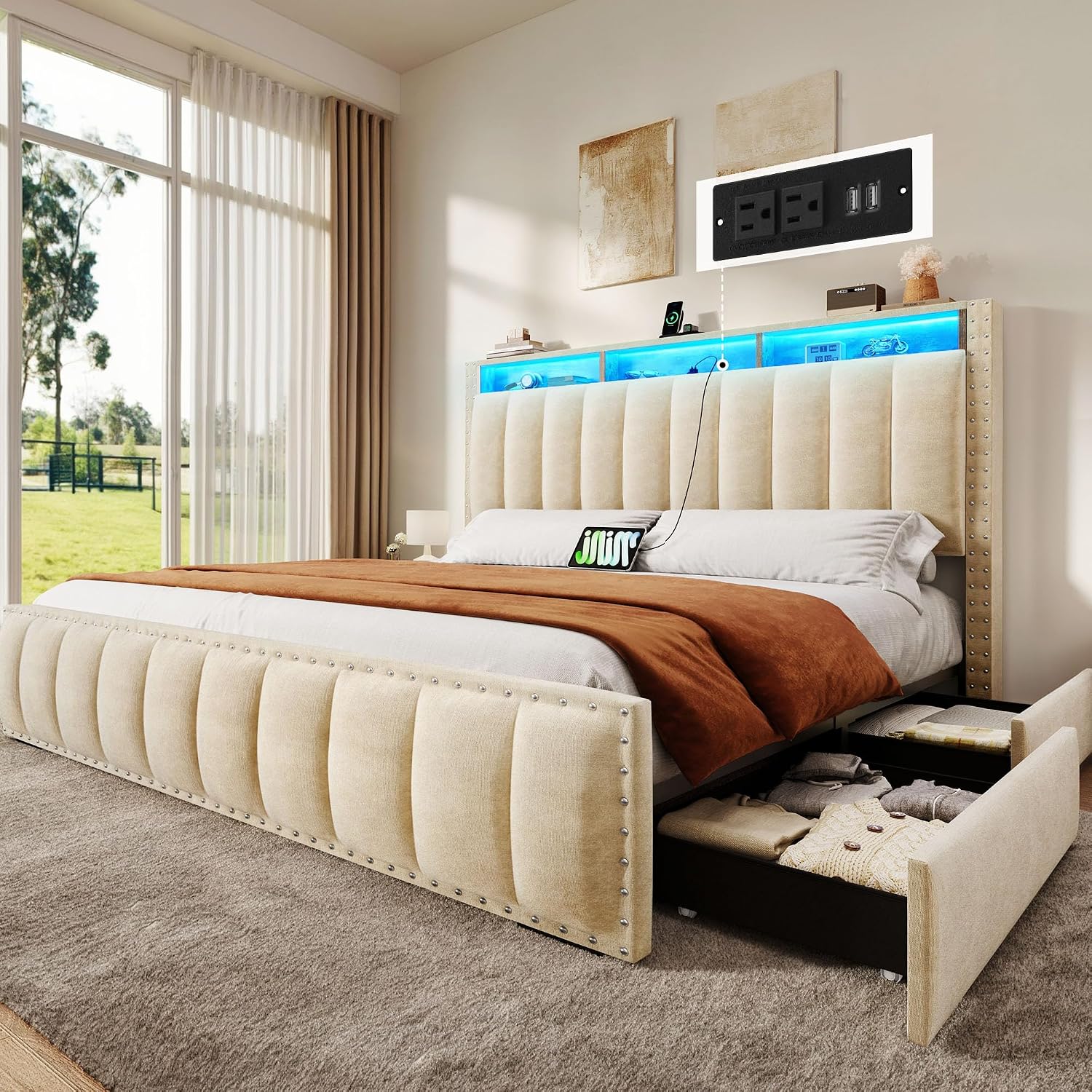 YITAHOME Full Size Bed Frame with 4 Storage Drawers and RGB LED Lights, Velvet Upholstered Platform Bed with Charging Station and Storage Headboard, No Box Spring Needed, Easy Assembly, Beige