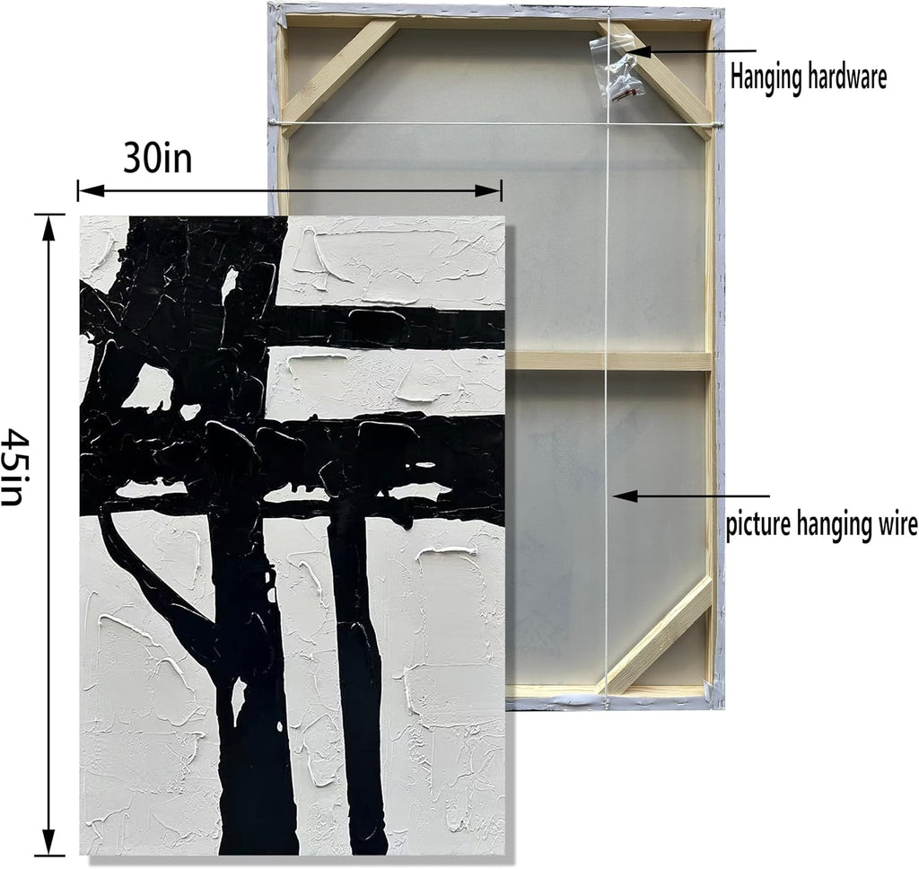 NANKAI Hand-Painted Black And White Abstract Wall Art Contemporary Minimalist Oil Painting Art 45x30 inch Large Painting Art For Home Walls Living Room Hallway Wall Decoration
