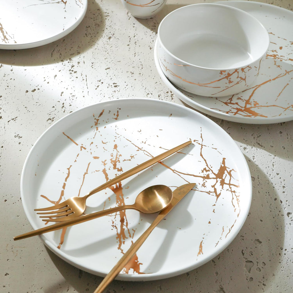 Stone Lain Porcelain 32 Piece Dinnerware set, 8 Full White Gold Splash Sets