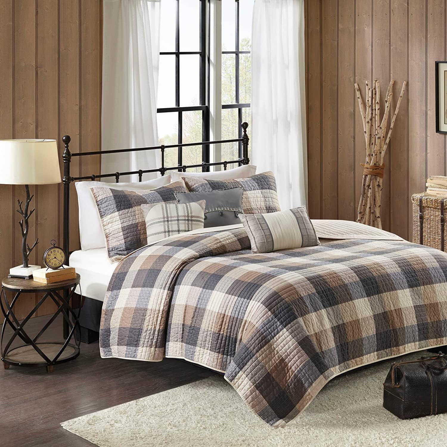 Madison Park Reversible Quilt Cabin Lifestyle Plaid Design - All Season, Breathable Coverlet Bedspread Bedding Set, Matching Shams, King/Cal King(104'x92'), Neutral 6 Piece