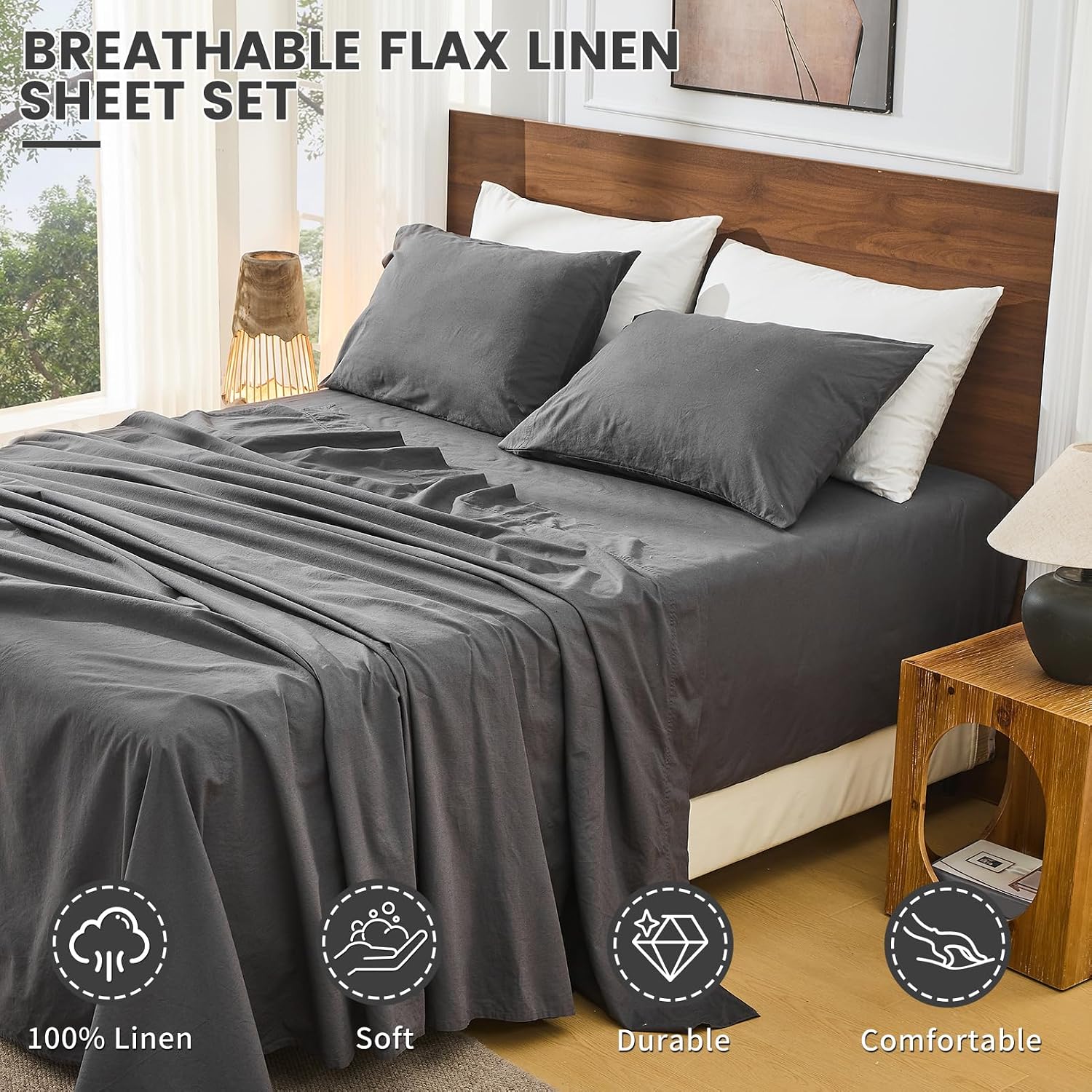 Bedlifes 100% French Linen Sheets California King Size 18-24' Extra Deep Pocket 4-Piece Set Breathable & Moisture-Wicking,Soft & Durable Sheets for Thick Mattresses(Dark Grey)