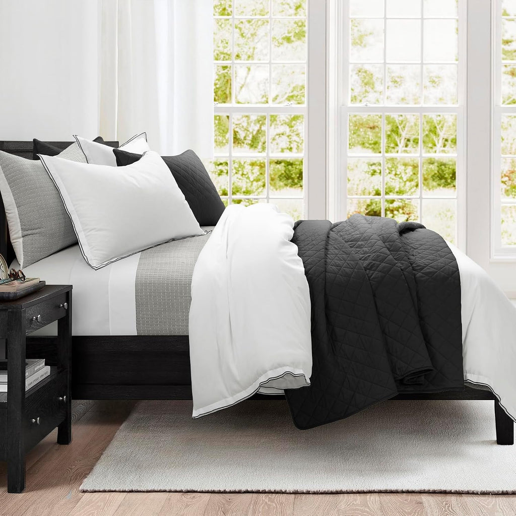 Lush Decor Ava Diamond Cotton Quilt King Size 3 Piece Set Black - Black Bedding Set King Quilt - Modern Minimalist Decor - Fall Quilts