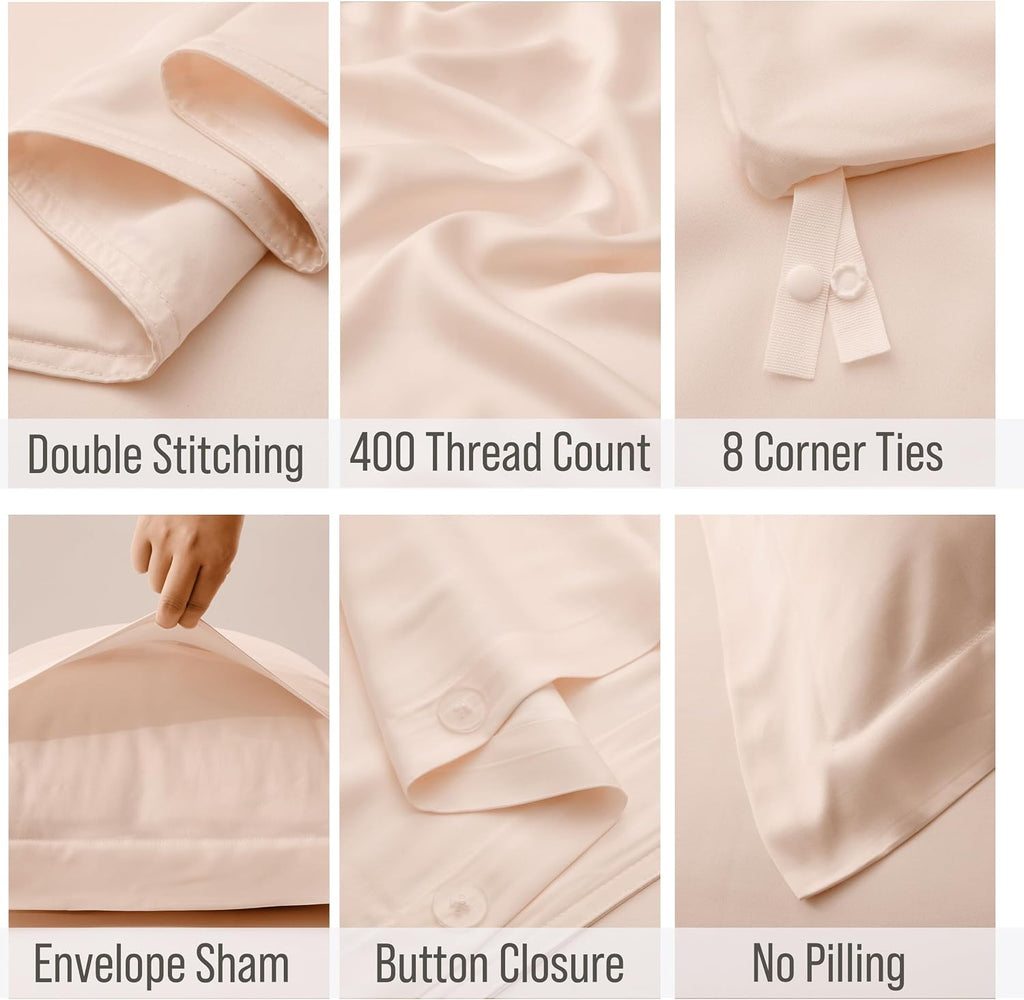 Bella Coterie Luxury Bamboo Viscose Queen Size Duvet Cover Set | 100% Organically Grown | Corner Ties | Ultra Soft | Cooling | Two Pillow Shams | 90 x 94 | No Insert [Champagne]