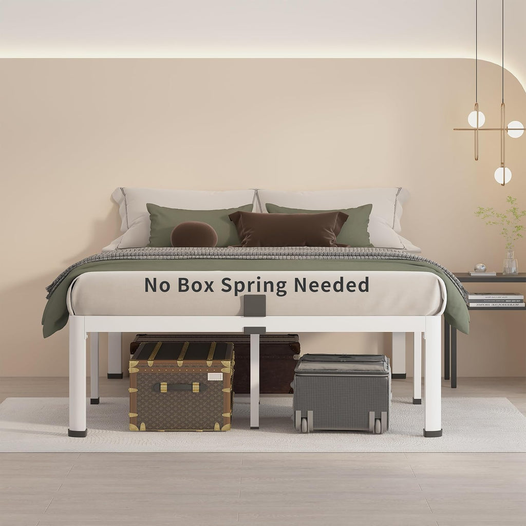 MAF 14 Inch Full Size Metal Platform Bed Frame White with Round Corner Legs, 3000 LBS Heavy Duty Steel Slats Support, Noise Free, No Box Spring Needed, Easy Assembly