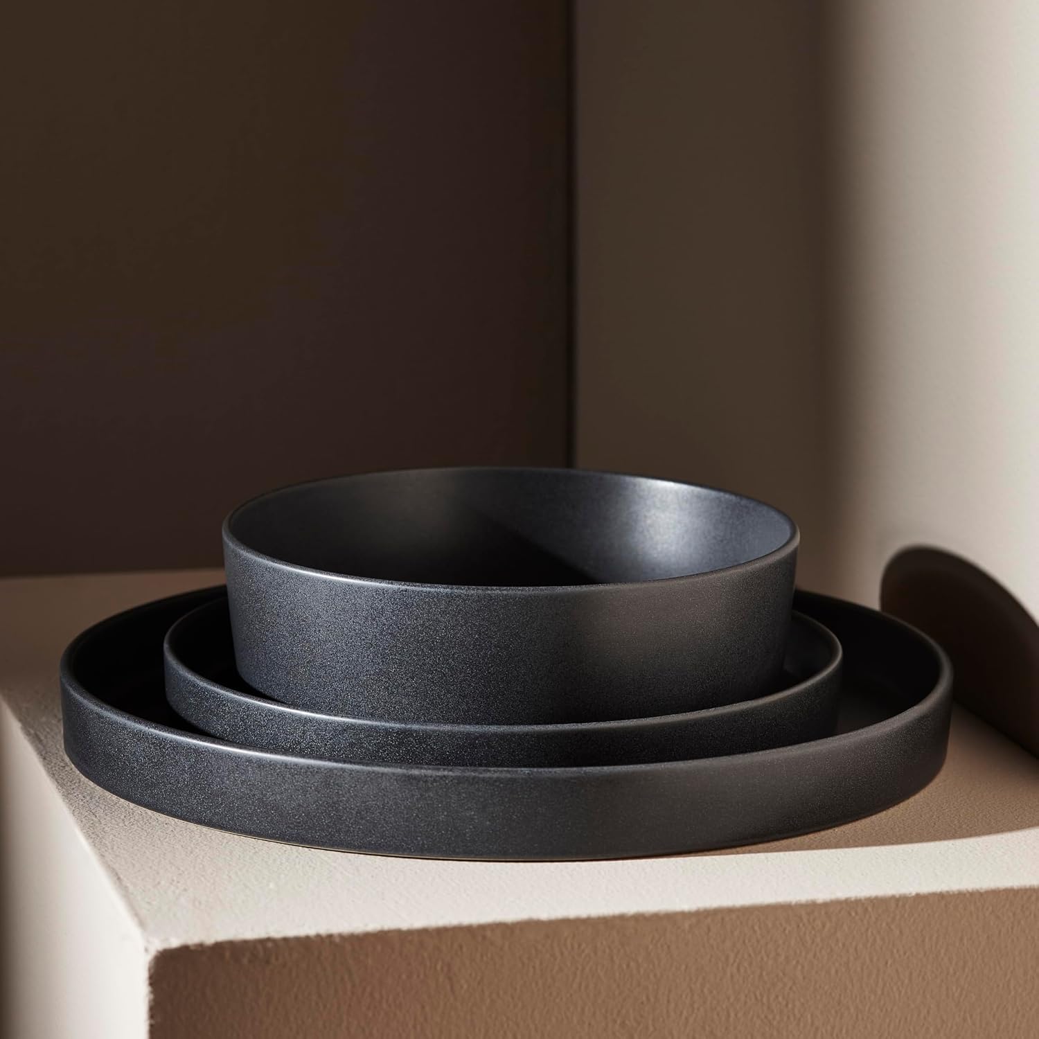 Stone by Mercer Project MODAN 24-Piece Stoneware Dinnerware Set, Plates and Bowls Sets, Dish Set for 8, Charcoal