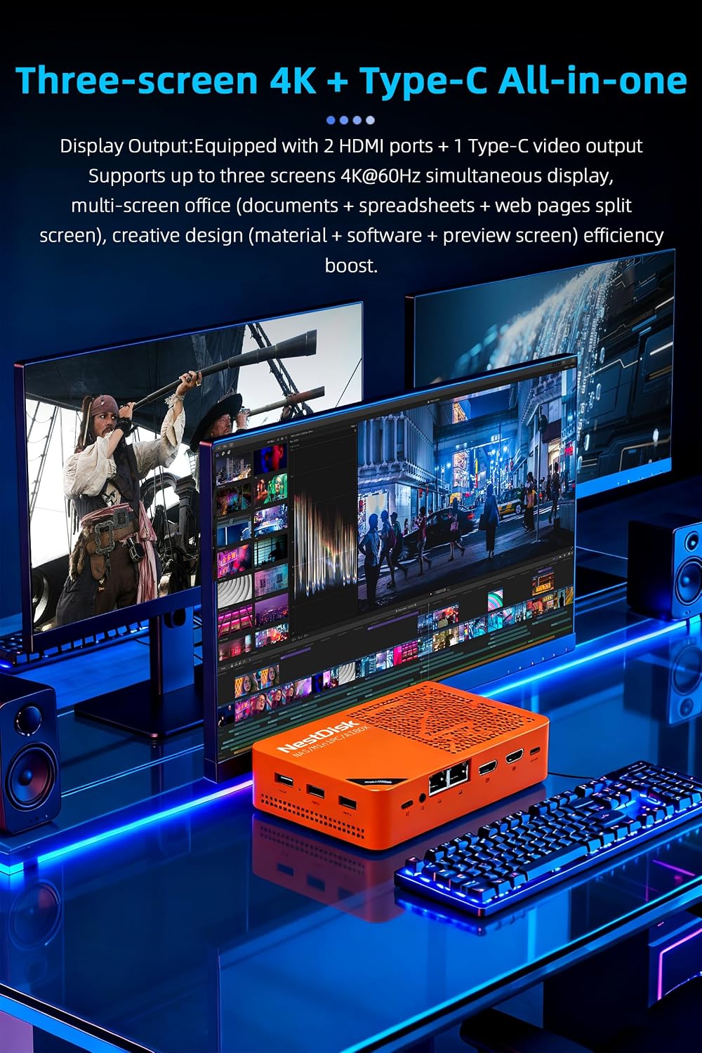 youyeetoo NestDisk Mini PC NAS, 4-Bay NVMe SSD, N150 Quad-Core 12GB DDR5, Dual 2.5GbE, Triple 4K@60Hz HDMI & USB-C, Personal Cloud Router Barebone (Orange,12GB+64GB(eMMC),Dual USB Fan)