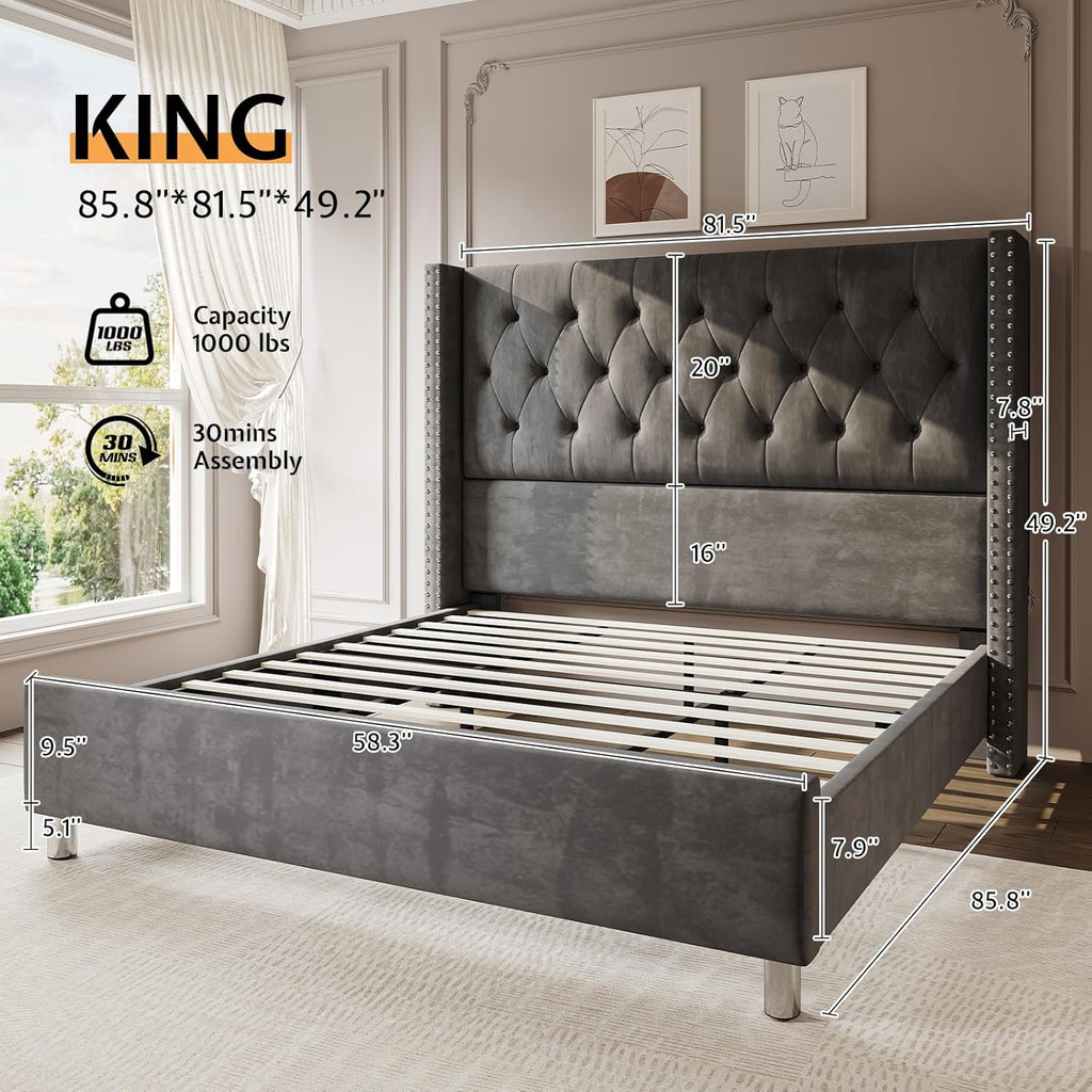 Jocisland Bed Frame King Size Velvet Tufted Upholstered Bed Low Profile Platform Bed Raised Wingback Headboard/Wood Slats Support/No Box Spring Needed/Easy Assembly/Grey