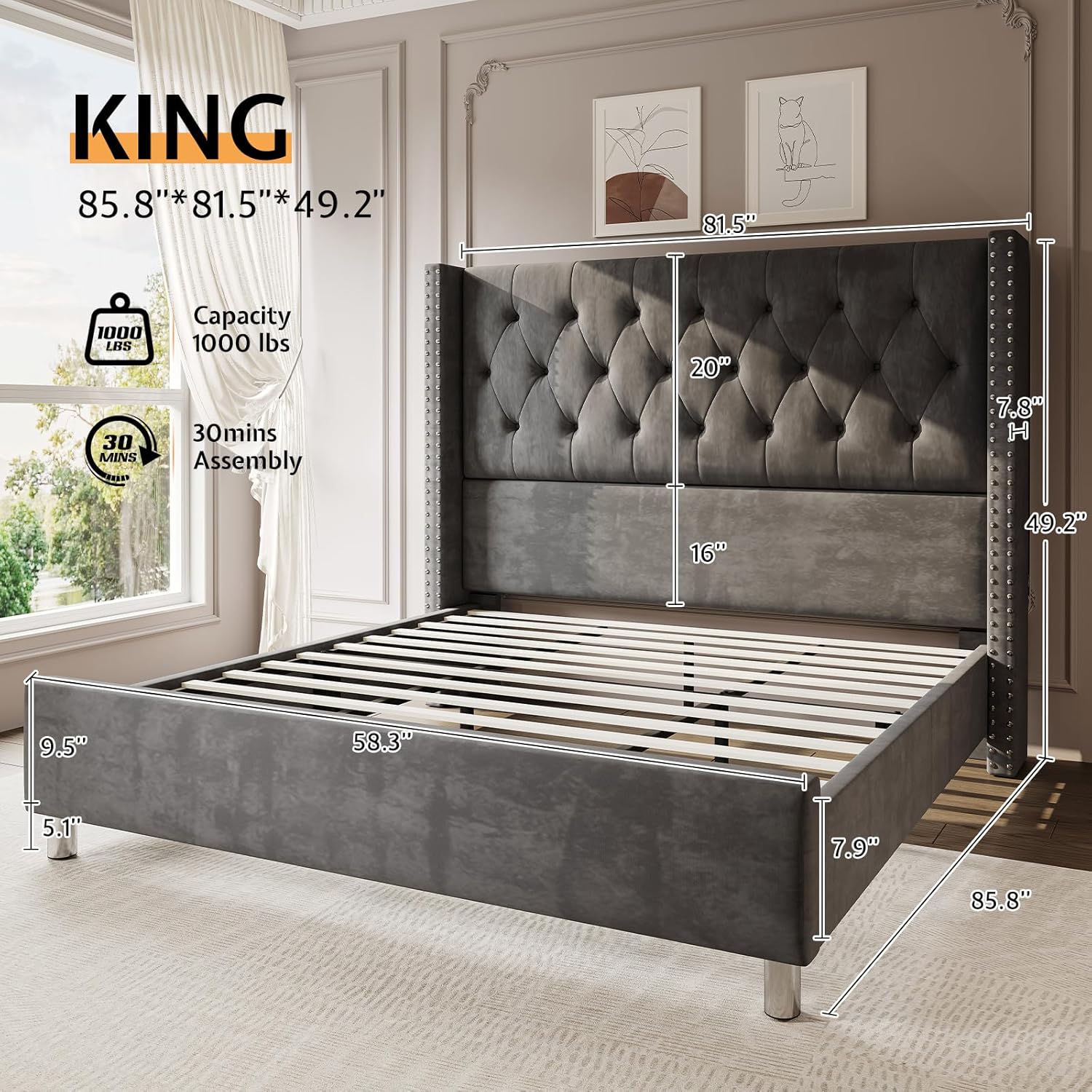Jocisland Bed Frame King Size Velvet Tufted Upholstered Bed Low Profile Platform Bed Raised Wingback Headboard/Wood Slats Support/No Box Spring Needed/Easy Assembly/Grey