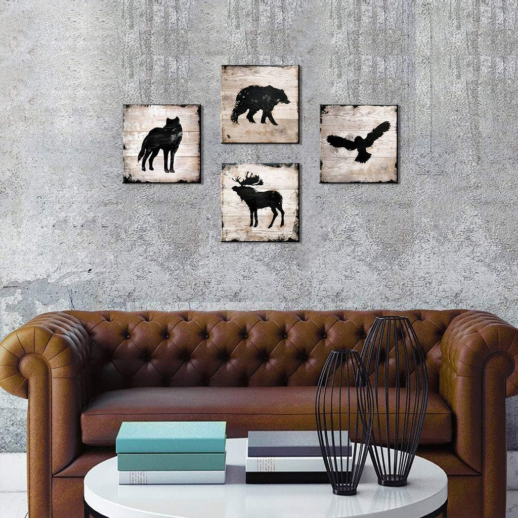 Wild Animal Silhouette Canvas Wall Art Decor Elk Wolf Bear Eagle Prints Painting 24 x 24 Inch Peeling Paint Wood Texture Background for Bathroom Living Room Decoration Kids Nursery set of 4 Panels