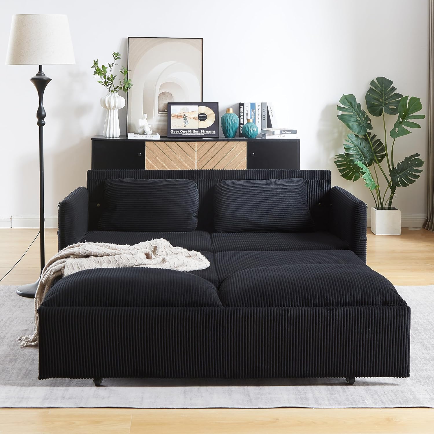 WILLIAMSPACE 64.5' Pull Out Sofa Bed, 3-in-1 Adjustable Sleeper Sofa Couch with Side Storage, Convertible Loveseat Sofa Bed Pull Out Couch for Living Room, Apartment, Corduroy, Black