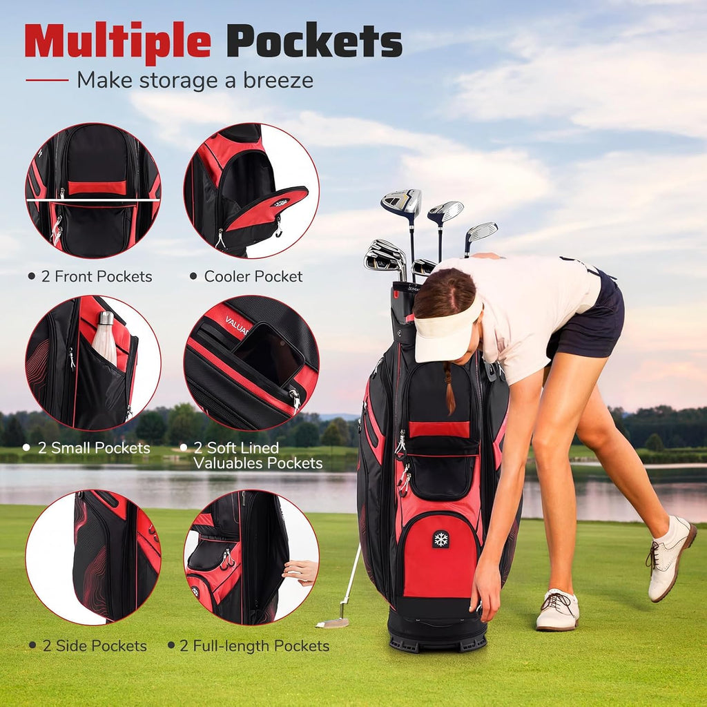 Goplus Lightweight Golf Cart Bag, Molded Lock Top Golf Club Bag w/14-Way Full Length Organizer Dividers, 11 Pockets, Cooler Bag, Straps, Umbrella Holder & Rain Hood for Men Women