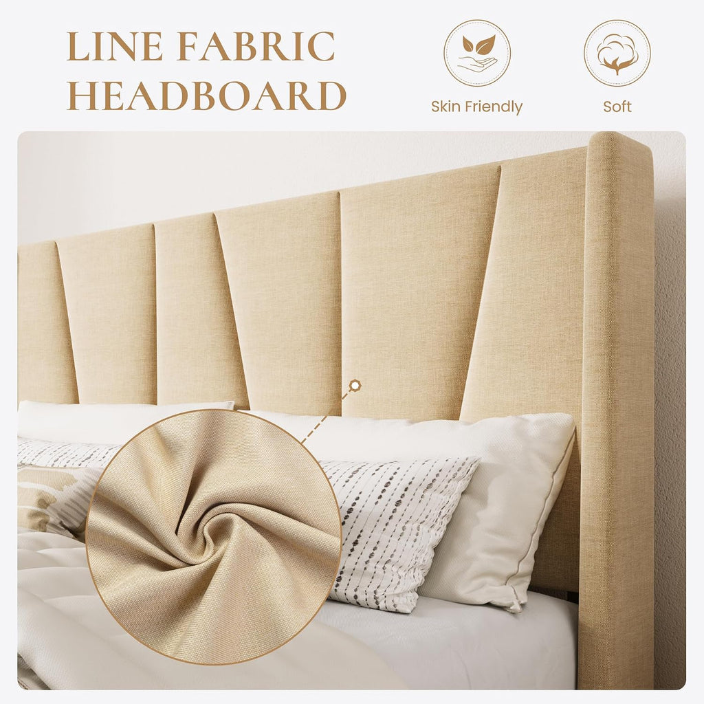 SHA CERLIN Queen Size Bed Frame with Geometric Wingback Headboard, Upholstered Platform Bed with Wooden Slats Support, 8' Under-Bed Space, No Box Spring Needed, Easy Assembly, Beige