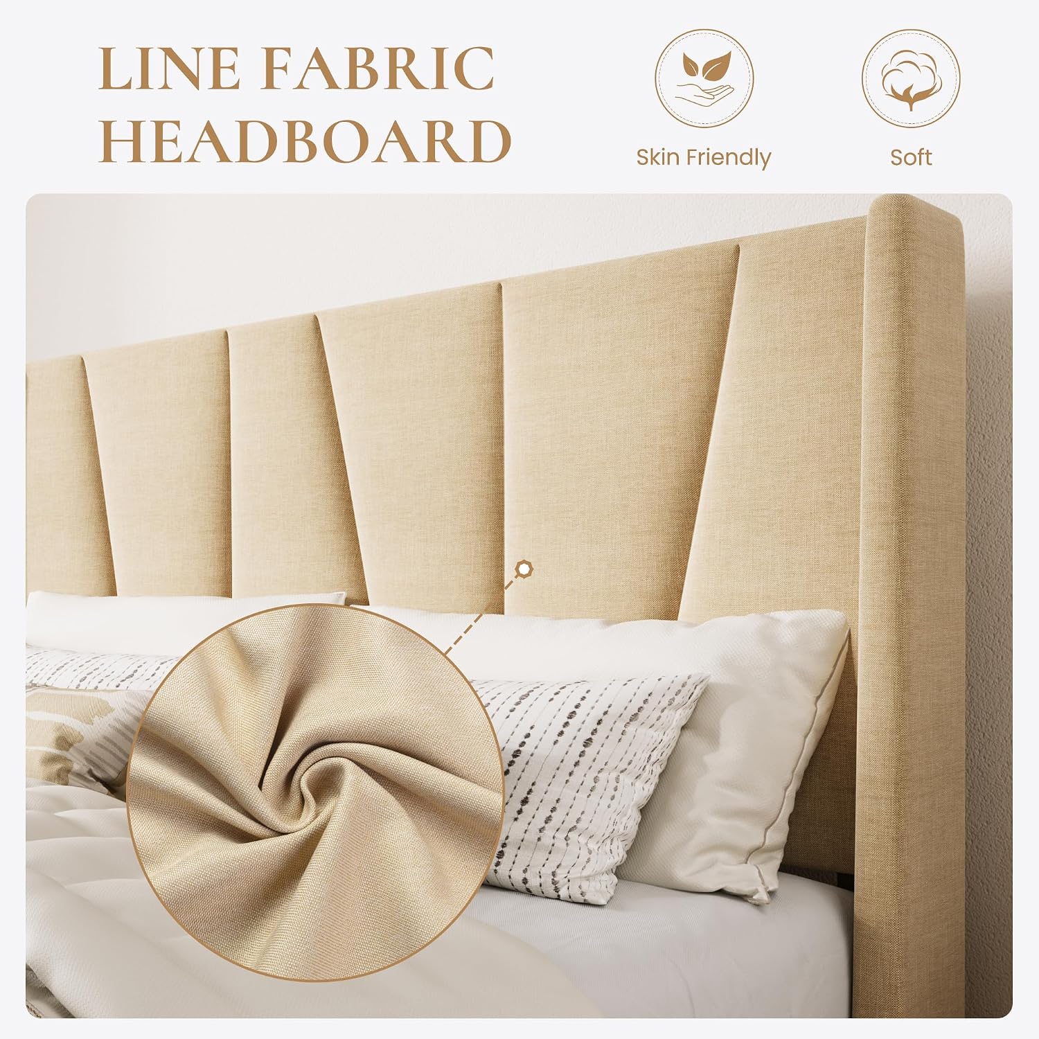 SHA CERLIN Queen Size Bed Frame with Geometric Wingback Headboard, Upholstered Platform Bed with Wooden Slats Support, 8' Under-Bed Space, No Box Spring Needed, Easy Assembly, Beige