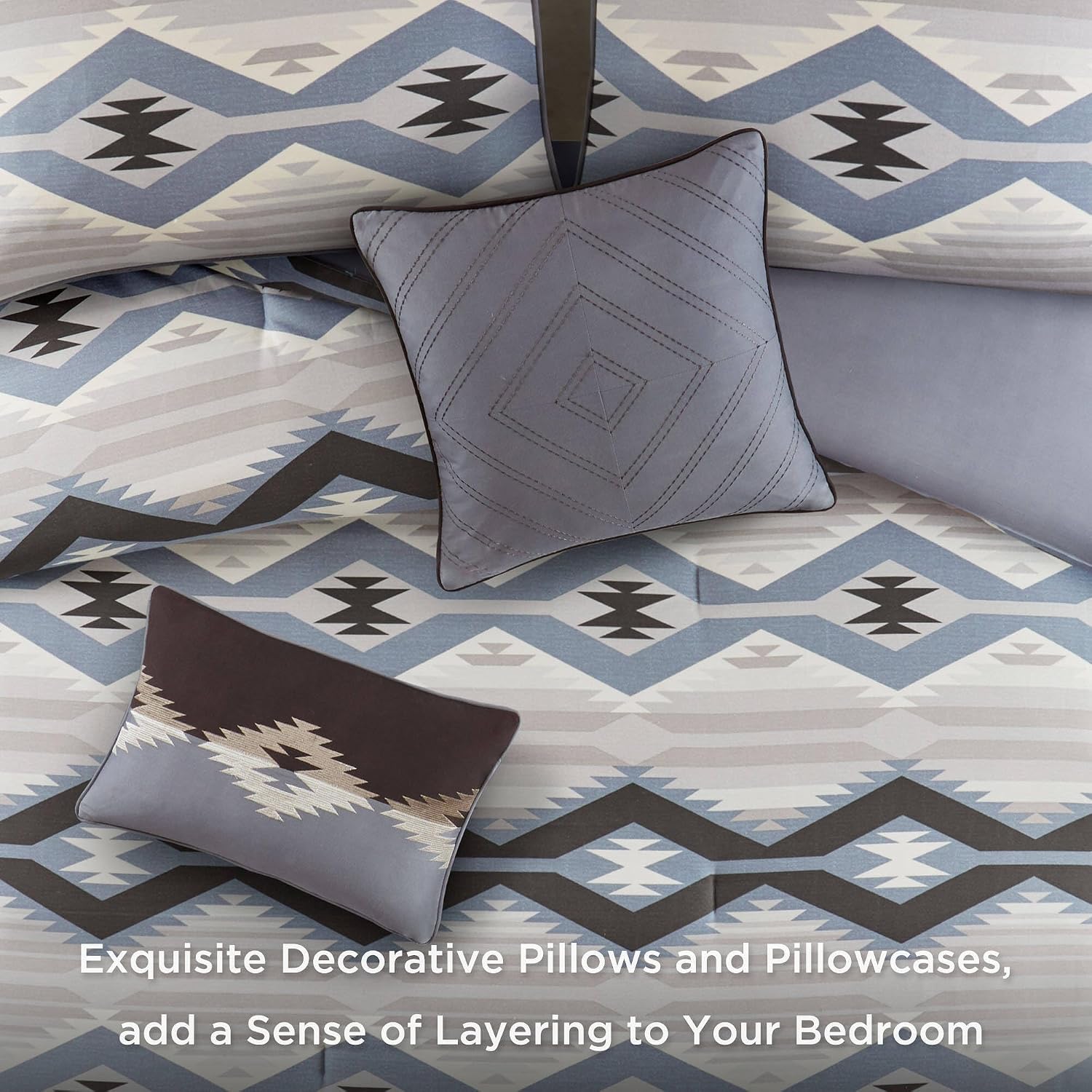 Woolrich King Comforter Set, Southwestern Aztec 8 Piece Bedding Set, Oversized All Season Down Alternative Comforter with Shams, Euro Shams, Decorative Pillows & Bedskirt, Rustic Cabin, Blue