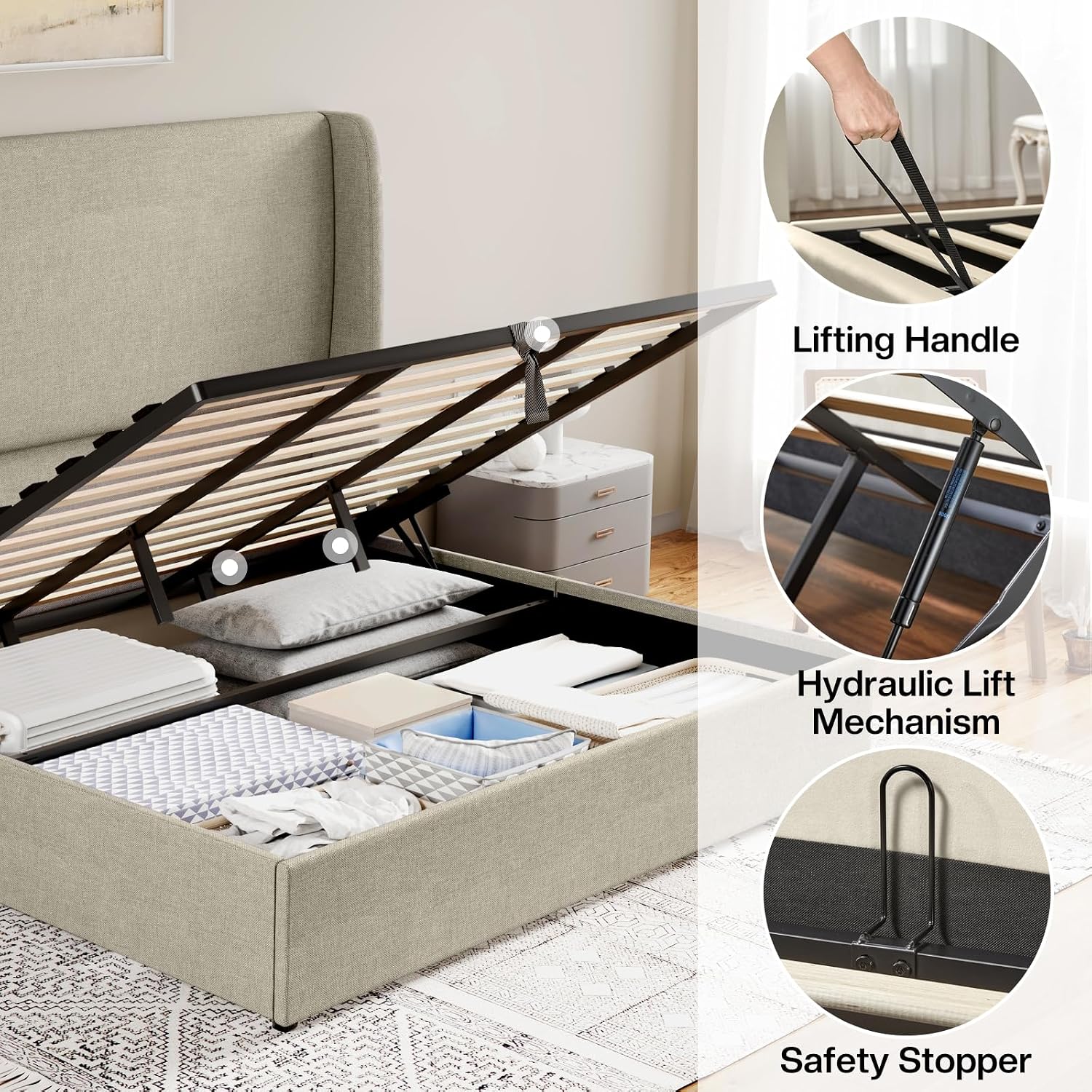 Jocisland King Size Upholstered Platform Bed Frame with Hydraulic Lift Storage, Wingback Headboard, Wood Slats Support, No Box Spring Needed, Linen Khaki