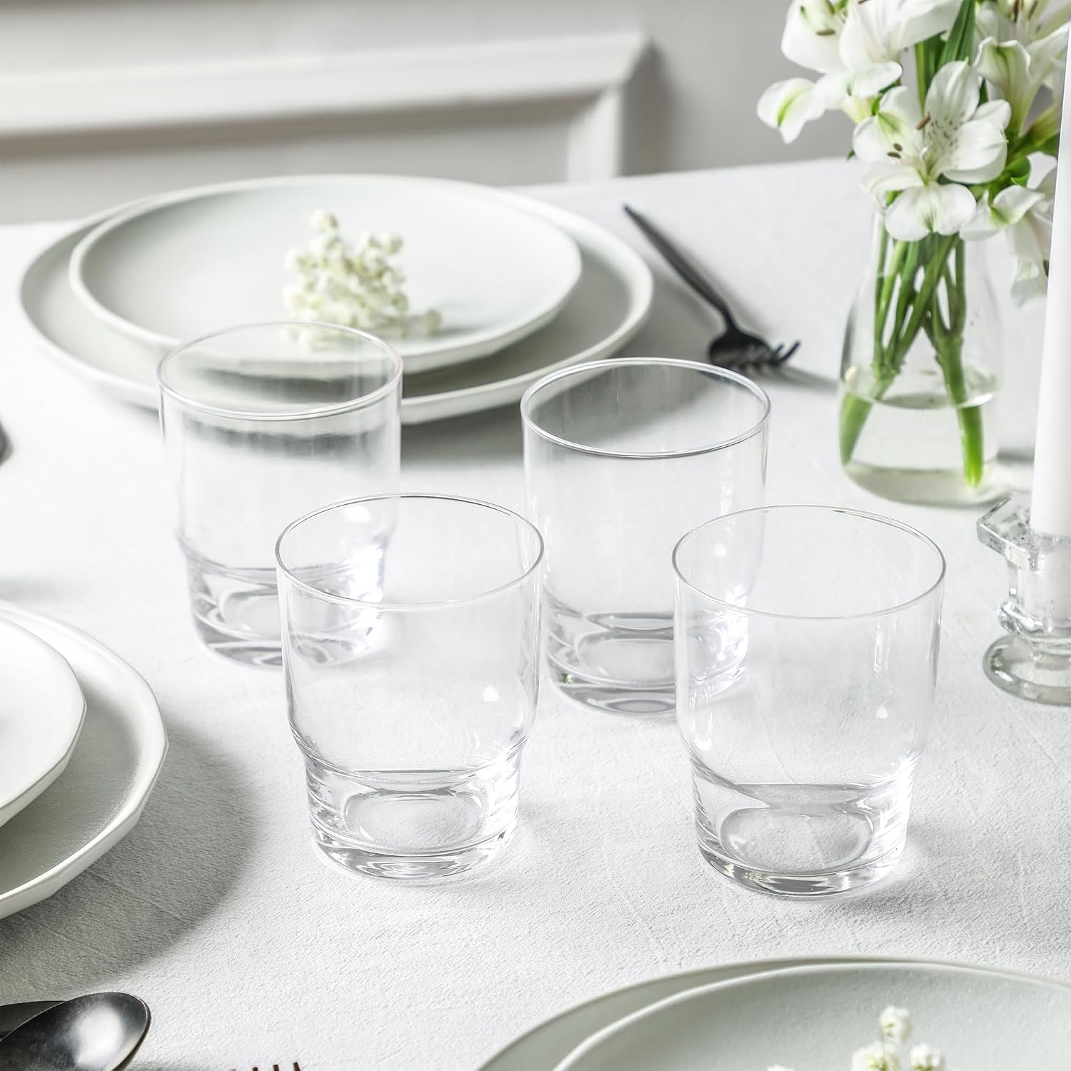 Stone Lain Rio Stoneware 32 Piece Dinnerware Set, Plates and Bowls Sets, Beige Dish Set with Clear Fluted Glasses, Service for 8, Microwave and Dishwasher Safe