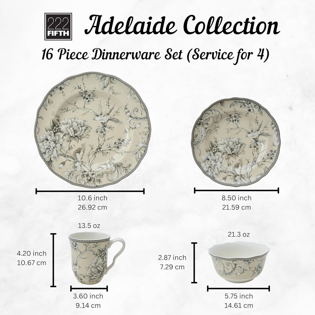 222 Fifth Adelaide 16-Piece Traditional Antique White Porcelain Dinnerware Set – Service for 4, Romantic Bird & Floral Design, Everyday Big Dinner Plates and Bowls Sets, Microwave & Dishwasher Safe