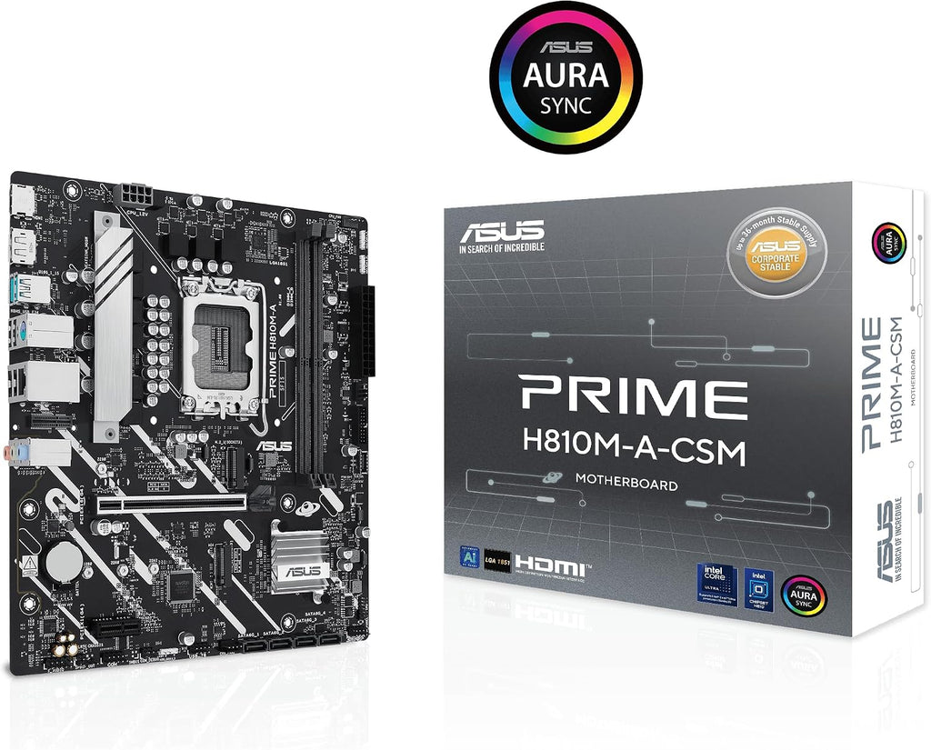 ASUS Prime H810M-A-CSM Intel® H810 LGA 1851 mATX Motherboard, 6+1+1+1 Discrete MOS, DDR5, PCIe 4.0, 2xM.2 Slots, Intel® 1Gb Ethernet, DisplayPort, HDMI™, USB 10Gbps, Front USB 5Gbps Type-C