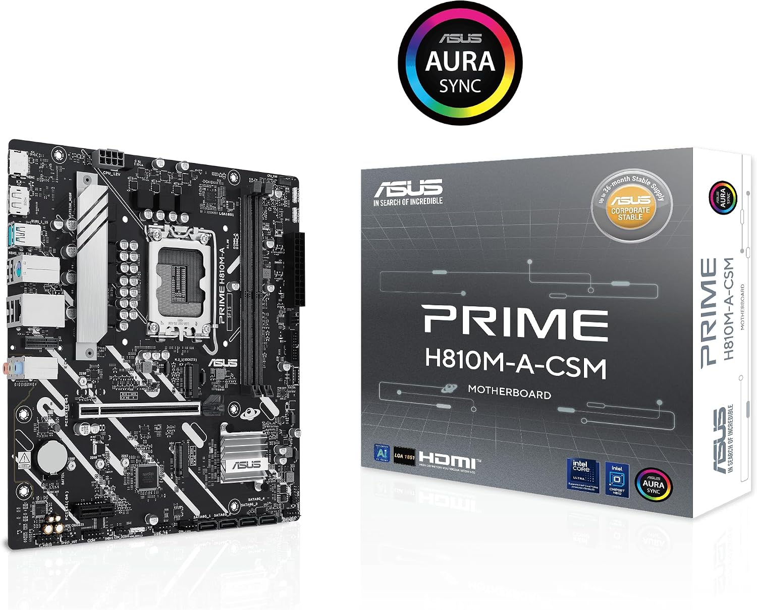 ASUS Prime H810M-A-CSM Intel® H810 LGA 1851 mATX Motherboard, 6+1+1+1 Discrete MOS, DDR5, PCIe 4.0, 2xM.2 Slots, Intel® 1Gb Ethernet, DisplayPort, HDMI™, USB 10Gbps, Front USB 5Gbps Type-C