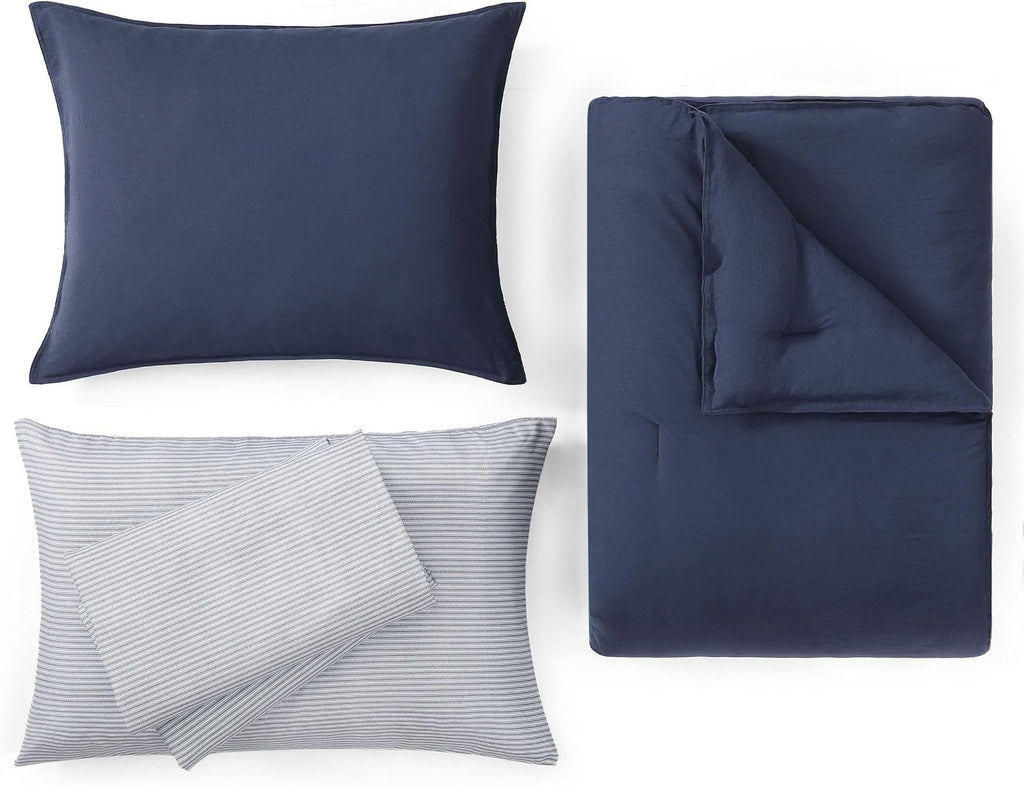 Tommy Hilfiger - Queen Bedding Set, Soft 7 Piece Comforter Set w/Matching Bed Sheets & Pillowcases, Medium Weight for Year Round Comfort (Solid Microfiber Blue)