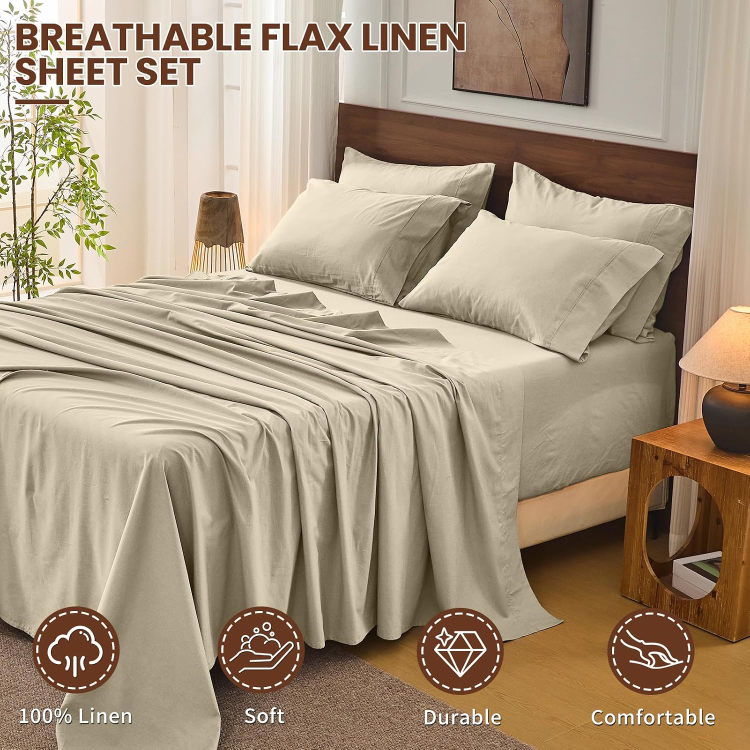 Bedlifes 100% French Linen Sheets Queen Size 18-24'Extra Deep Pocket 4-Piece Set Breathable & Moisture-Wicking,Soft & Durable Sheets for Thick Mattresses(Taupe)