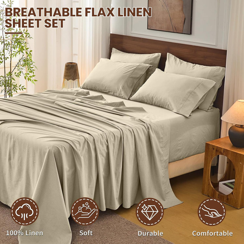 Bedlifes 100% French Flax Linen Sheets Set Queen Size - 6 Piece Extra Deep Pocket 18-24',Soft Breathable Queen Bed Sheets with Temperature Regulating & Moisture-Wicking(Taupe
