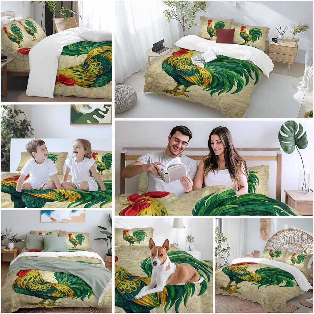 Prime Leader Retro Chicken Duvet Cover Set Queen Size 4 Pieces Farm Rooster Vintage Paper Country Animal Bedding Set with Zipper Closure, 1 Comforter Cover 86x86 Inches 1 Flat Sheet & 2 Pillow Cases