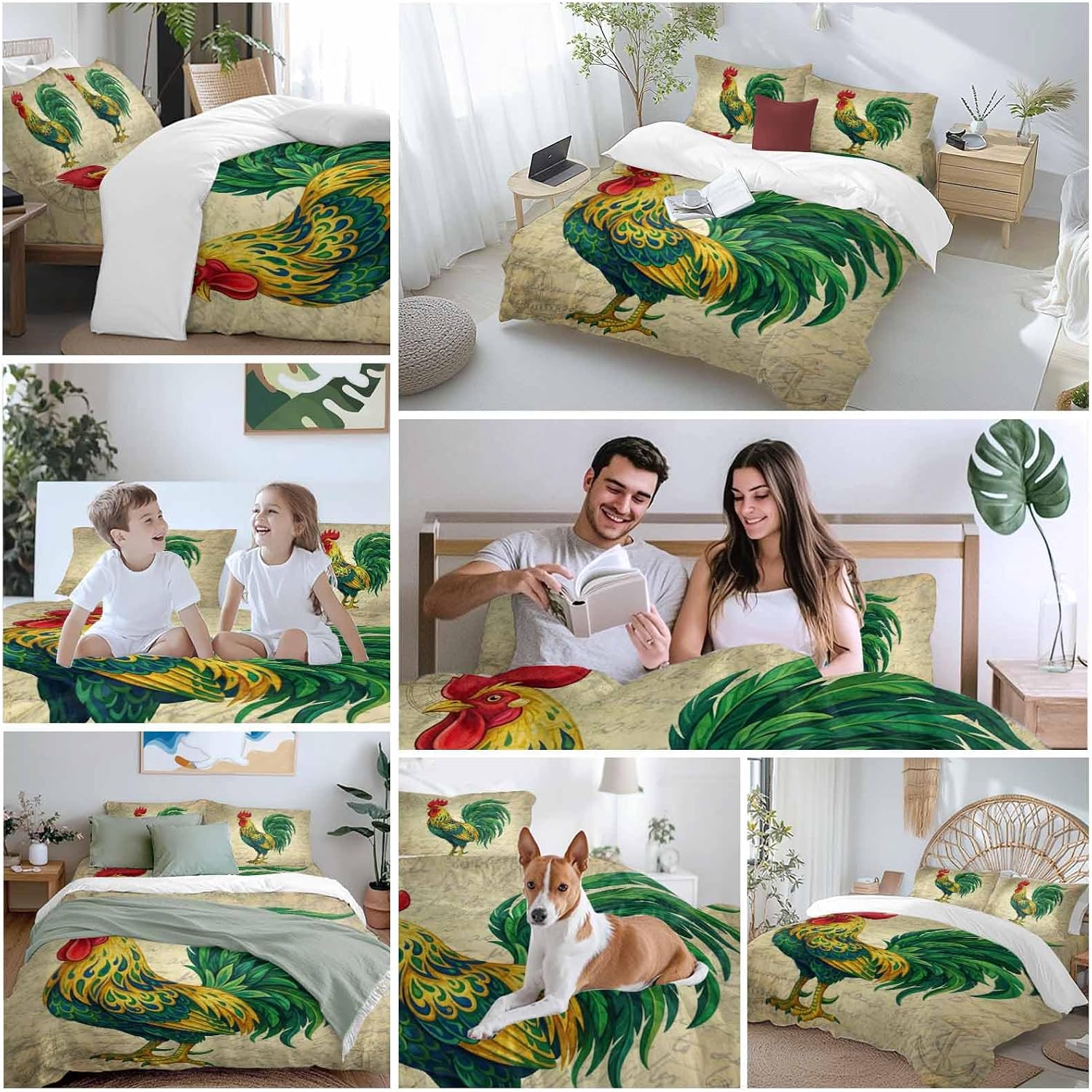 Prime Leader Retro Chicken Duvet Cover Set Queen Size 4 Pieces Farm Rooster Vintage Paper Country Animal Bedding Set with Zipper Closure, 1 Comforter Cover 86x86 Inches 1 Flat Sheet & 2 Pillow Cases