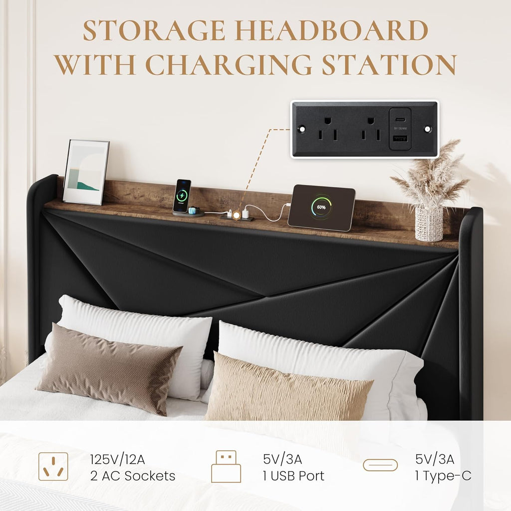 SHA CERLIN Full Size Bed Frame with 3 Drawers, USB & Type-C Charging Ports, Velvet Upholstered Platform Bed with Modern Geometric Wingback Storage Headboard, No Box Spring Needed, Easy Assembly, Black