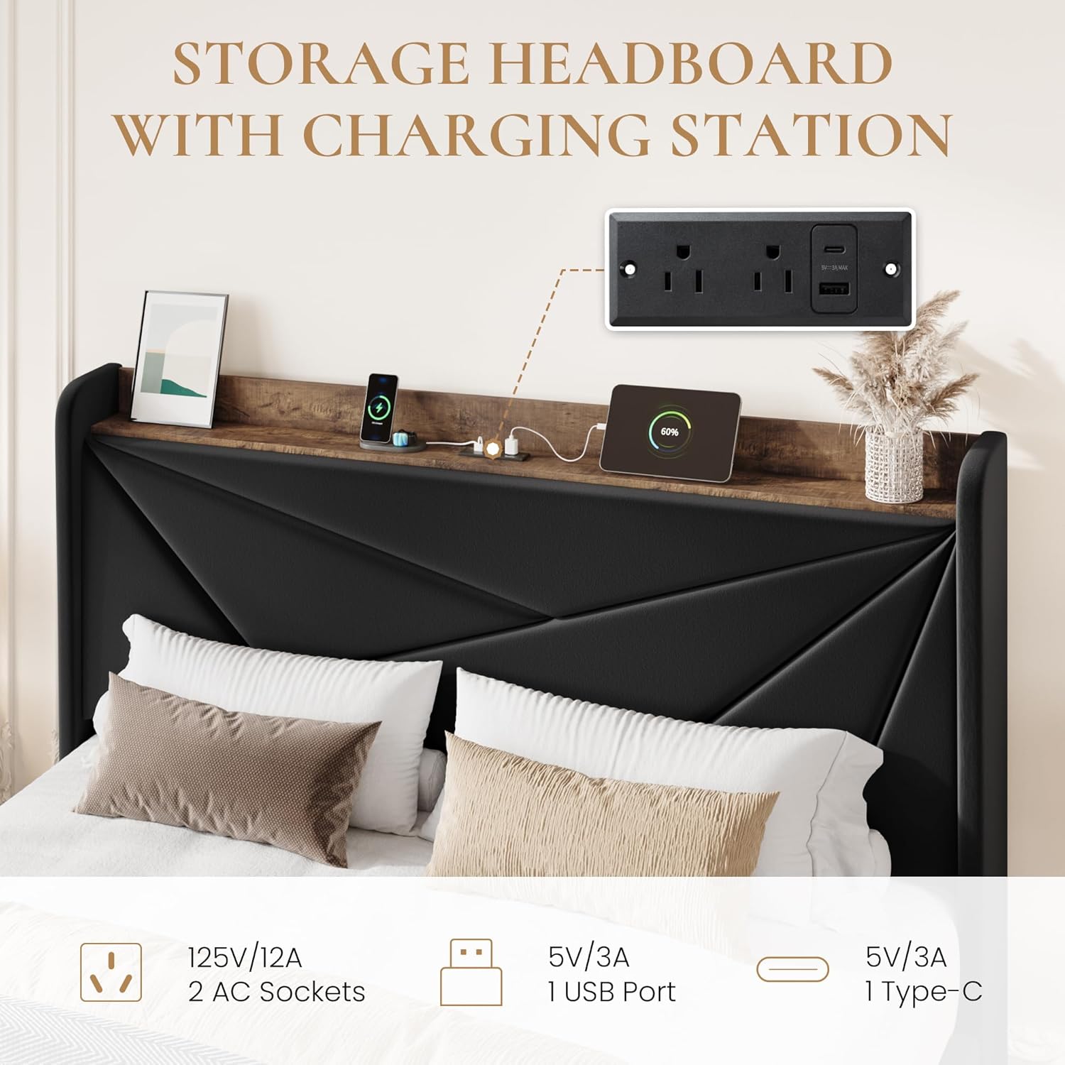 SHA CERLIN Queen Bed Frame with 3 Drawers, USB & Type-C Charging Ports, Velvet Upholstered Platform Bed with Modern Geometric Wingback Storage Headboard, No Box Spring Needed, Easy Assembly, Black