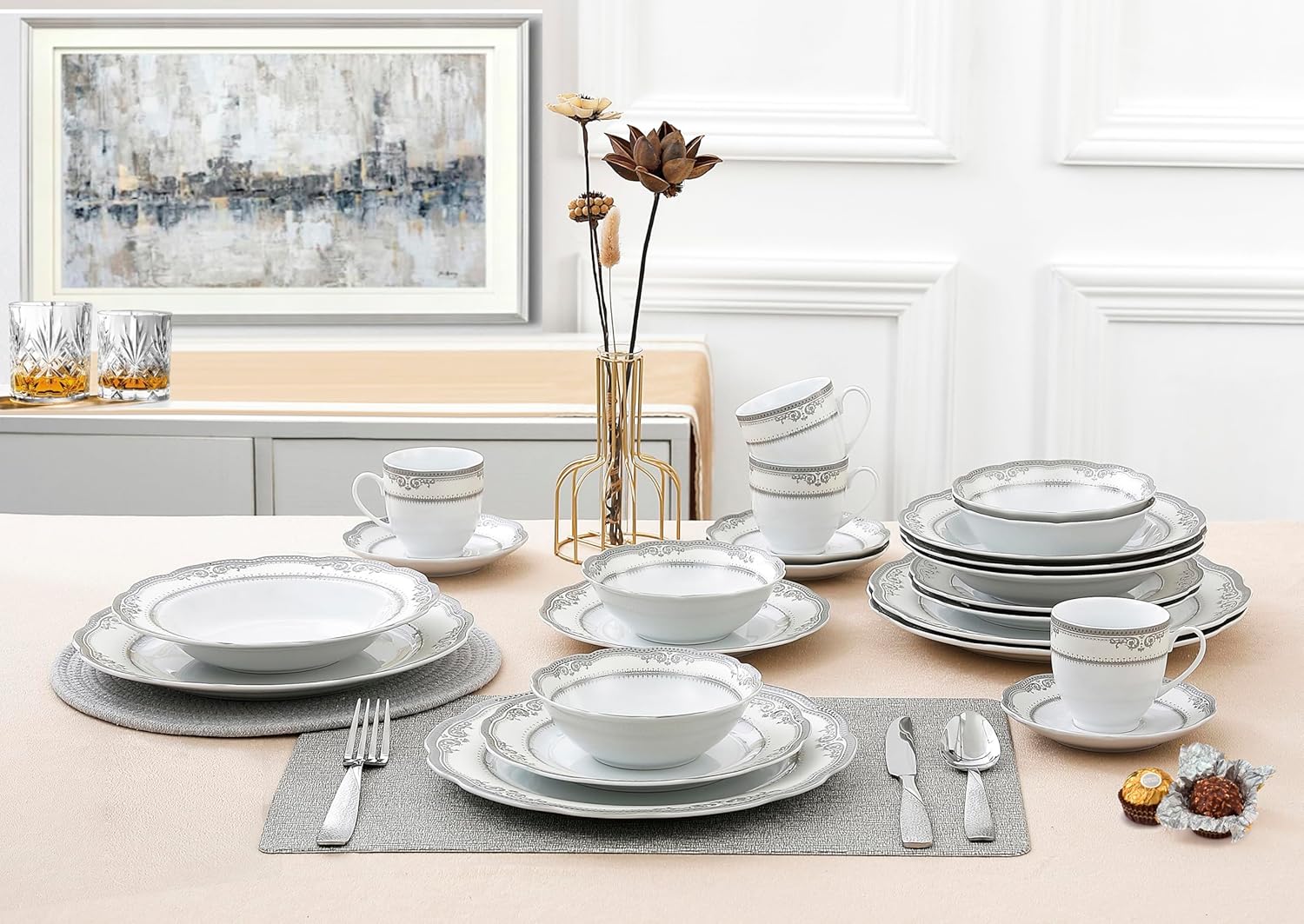 Lorenzo Import Victoria 57-Piece Wavy Porcelain Dinnerware Set