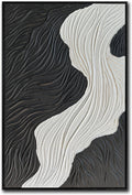 Boiee Art,24x36Inch Handmade Abstract Ocean Wave Art on Canvas Minimalist Black White Oil Painting Vertical Modern Black Framed Artwork