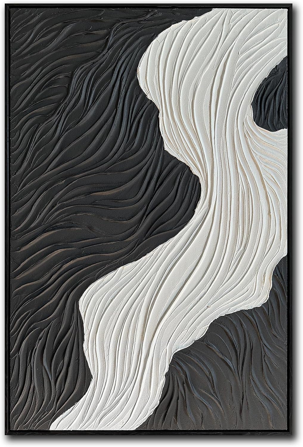 Boiee Art,24x36Inch Handmade Abstract Ocean Wave Art on Canvas Minimalist Black White Oil Painting Vertical Modern Black Framed Artwork