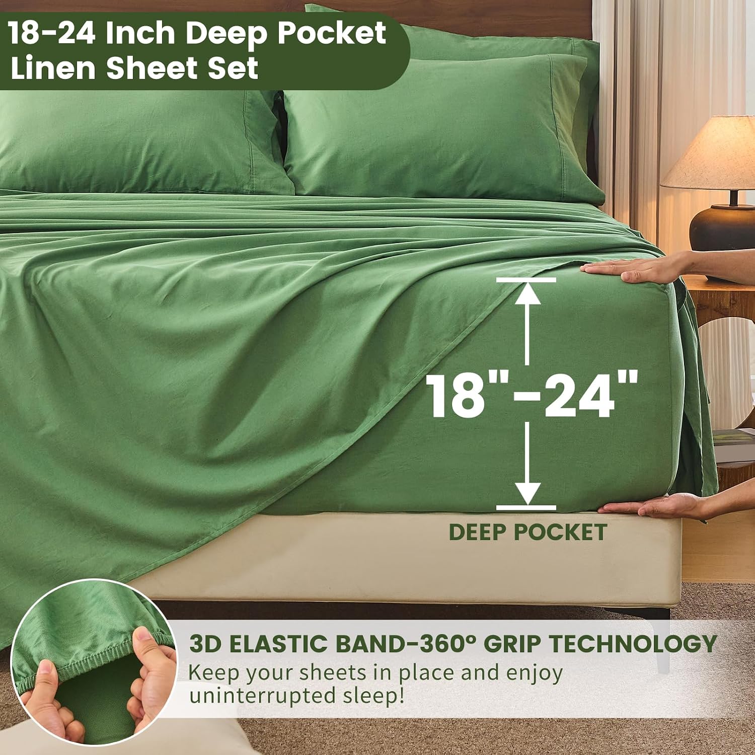 Bedlifes 100% French Flax Linen Sheets Set Queen Size - 6 Piece Extra Deep Pocket 18-24',Soft Breathable Queen Bed Sheets with Temperature Regulating & Moisture-Wicking(Sage Green