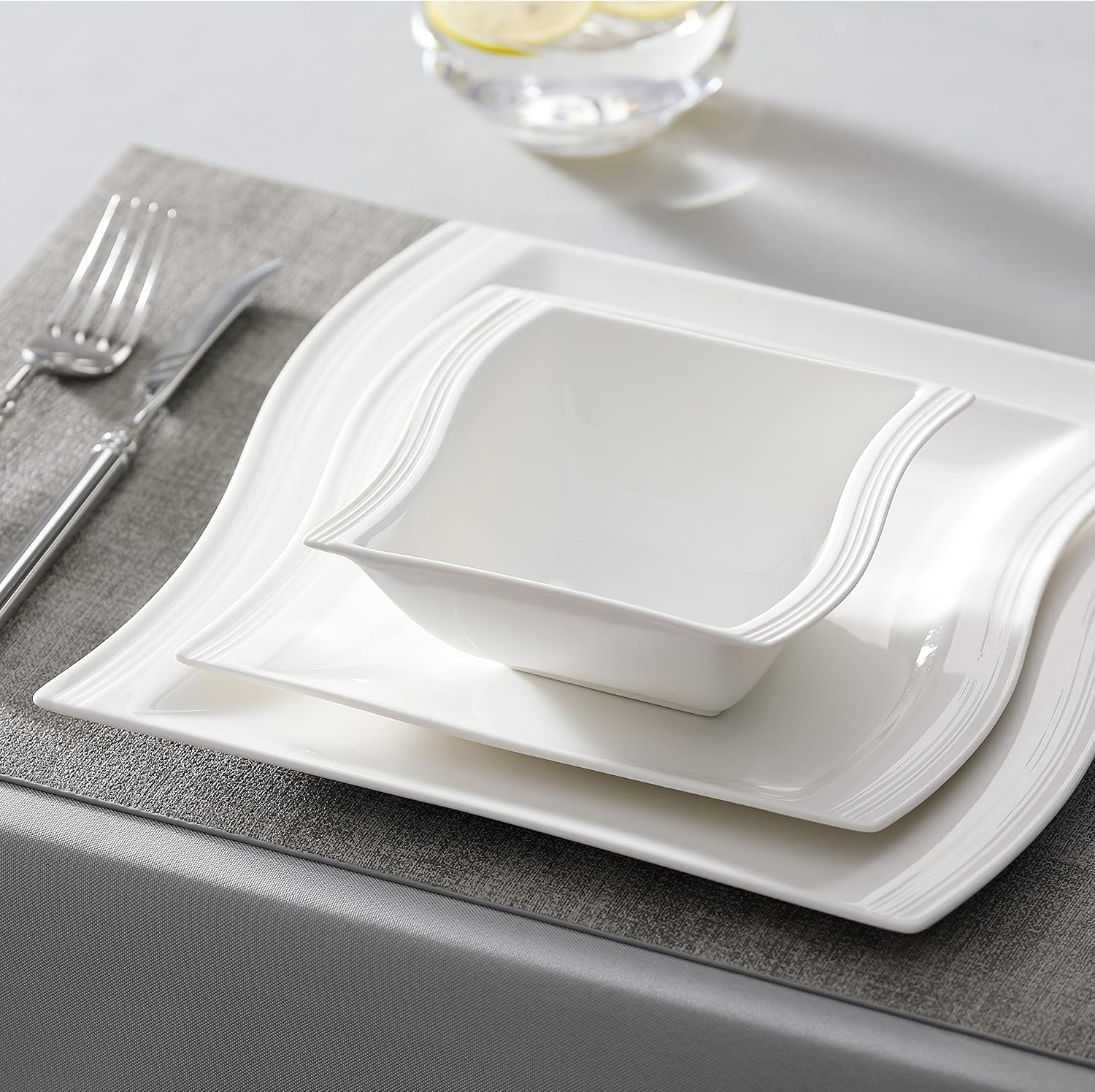 MALACASA Plates and Bowls Sets, 26 Pieces Ivory White Porcelain Dinnerware Sets without Mugs, Square Dinnerware with Dinner Plates, Bowls and Serving Platters, Modern Dish Set for 6, Series Flora