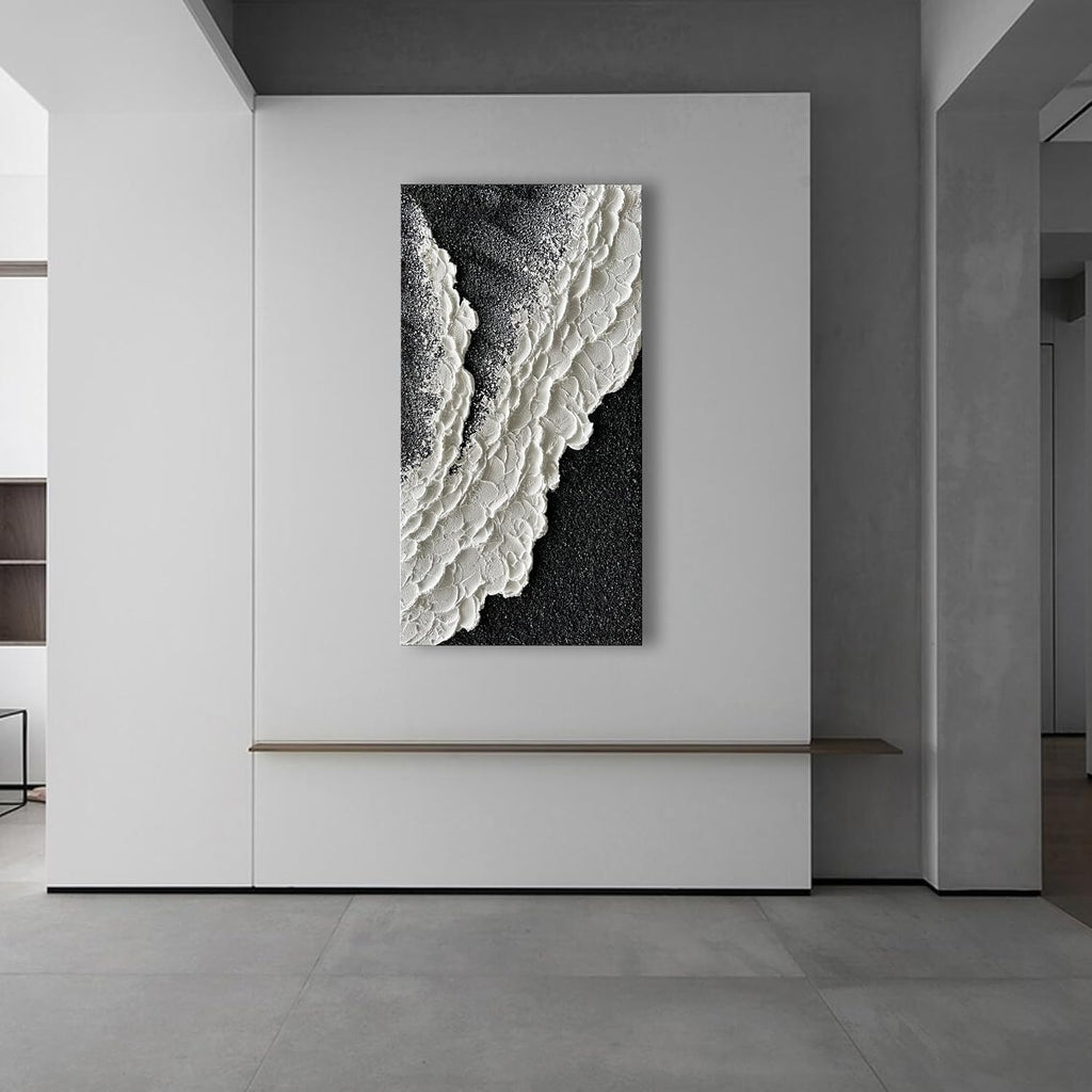 NANKAI 24x48 Inch Hand Painted 3D Ocean Wave Landscape Oil Painting Black and White Abstract Canvas Art Mural Family Wall Decoration Art