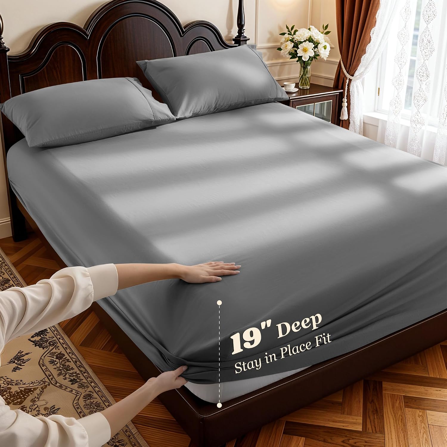 LBRO2M 100% Cotton Sheets Set Deep Pocket 19', 1000 Thread Count California King Size 4 Piece Bed Sheet Sets Soft Comfortable Bedding All Season (California King, Dark Grey)