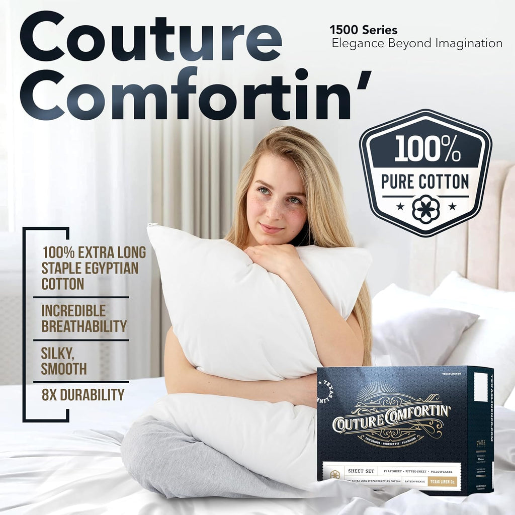 TEXAS LINEN CO. 100% Egyptian Cotton King Sheets Set - Luxury 1500 Series Couture Comfortin' Collection Egyptian Cotton Sheets King Size Bed Set (4 PC, White), 17' Deep Pocket, Hotel Bedding Set