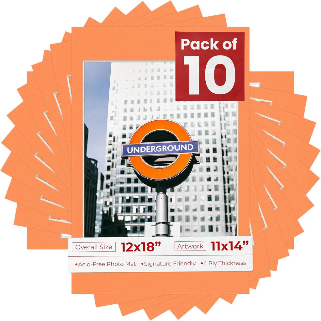 11x14 Mat for 12x18 Frame - Precut Mat Board Acid-Free Show Kit with Backing Board, and Clear Bags Orange 11x14 Photo Matte Made to Fit a 12x18 Picture Frame Matboard for Framing, Pack of 10 Mats