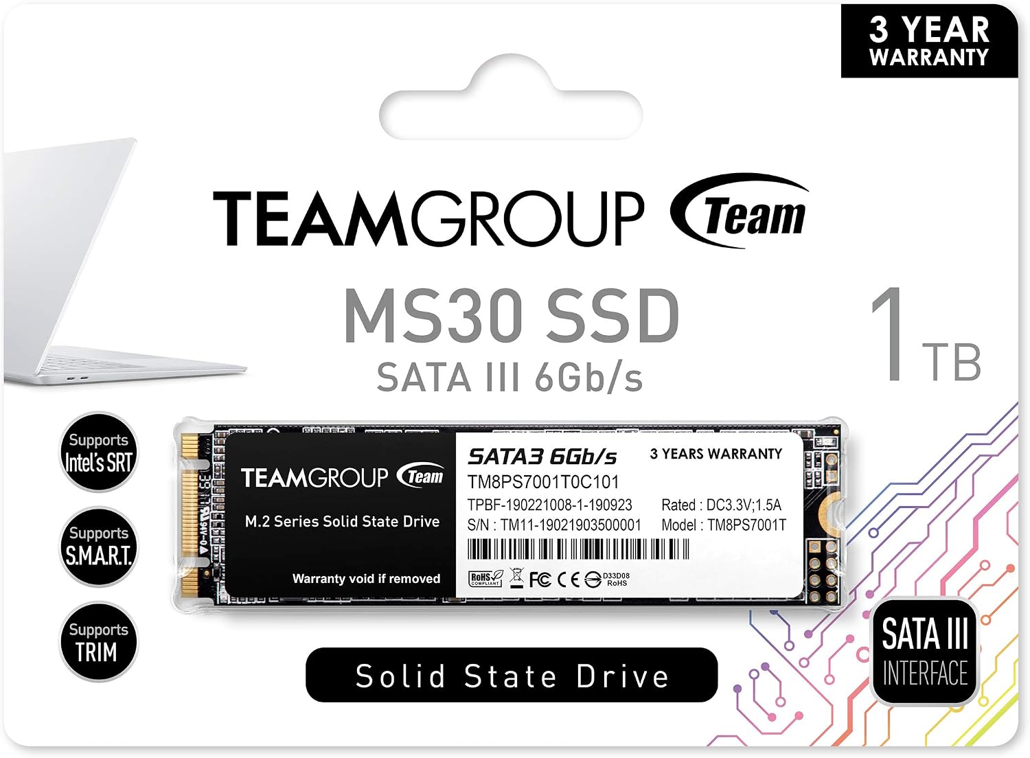 TEAMGROUP MS30 1TB with SLC Cache 3D NAND TLC M.2 2280 SATA III 6Gb/s Internal Solid State Drive SSD (Read/Write Speed up to 530/480 MB/s) Compatible with Laptop & PC Desktop TM8PS7001T0C101