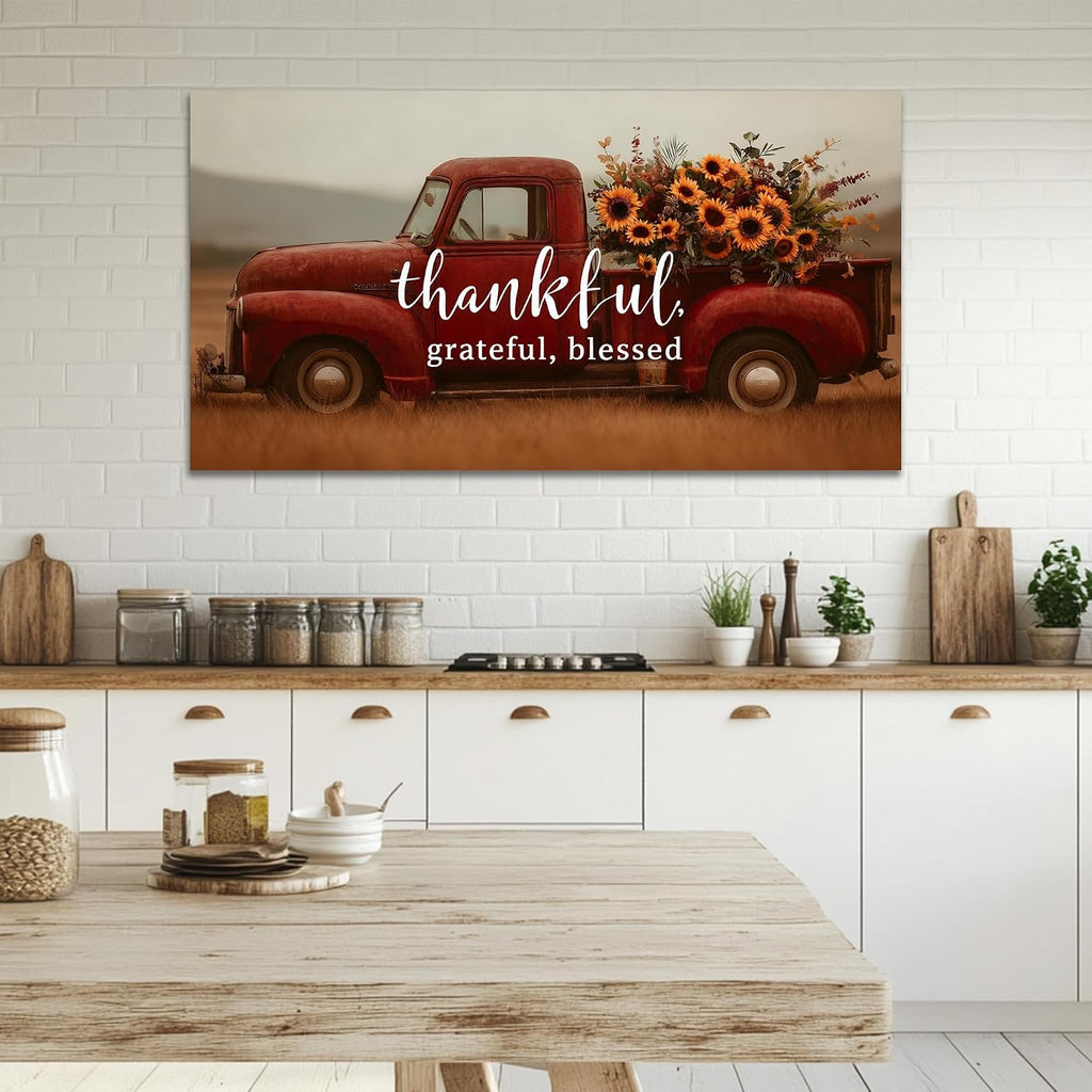 TIMUBA Farmhouse Truck Wall Art, Country Landscape Canvas Artwork, Red Vintage Truck Sunflower Pictures Wall Decor Bedroom, Rustic Truck Floral Painting Prints for Farm Living Room Decor 60x30 Inches