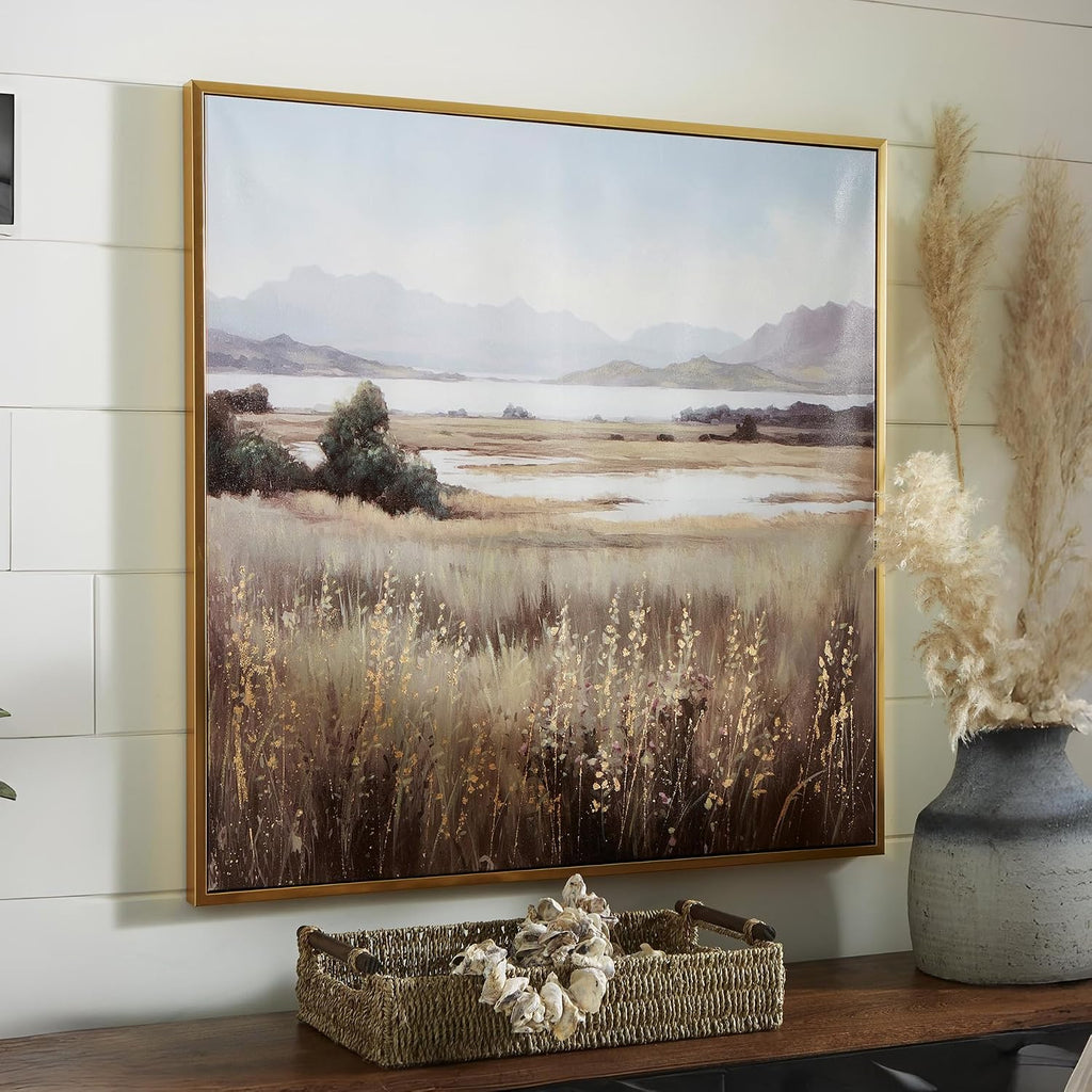 Signature Design by Ashley Clarkford Classic Framed Gallery Wrapped Canvas Wall Art 40 x 40 Inches, Light Brown & Light Blue