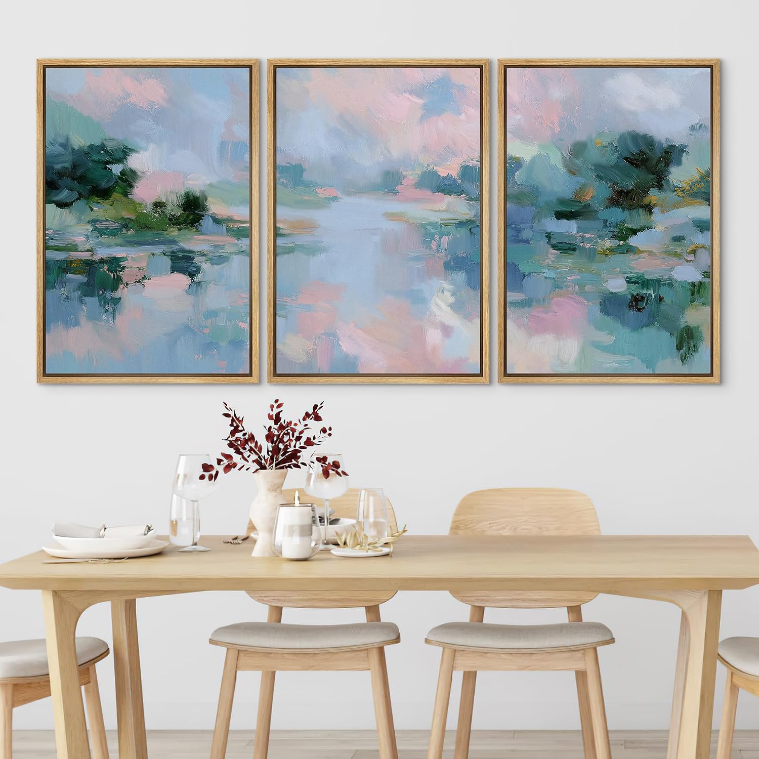 SIGNLEADER Framed Canvas Print Wall Art Set Soft Pastel Lake Landscape Illustrations Minimal Decorative Bohemian Nordic for Living Room, Bedroom, Office - 24'x36'x3 NATURAL
