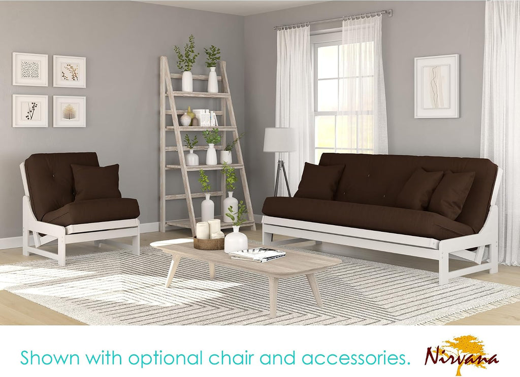 Nirvana Futons Arden White Futon with Storage Drawers Queen Size - Minimalist Armless Design with 8 Inch Comfortable Mattress Included (Microfiber Sussex Fudge), Sofa Bed Available in