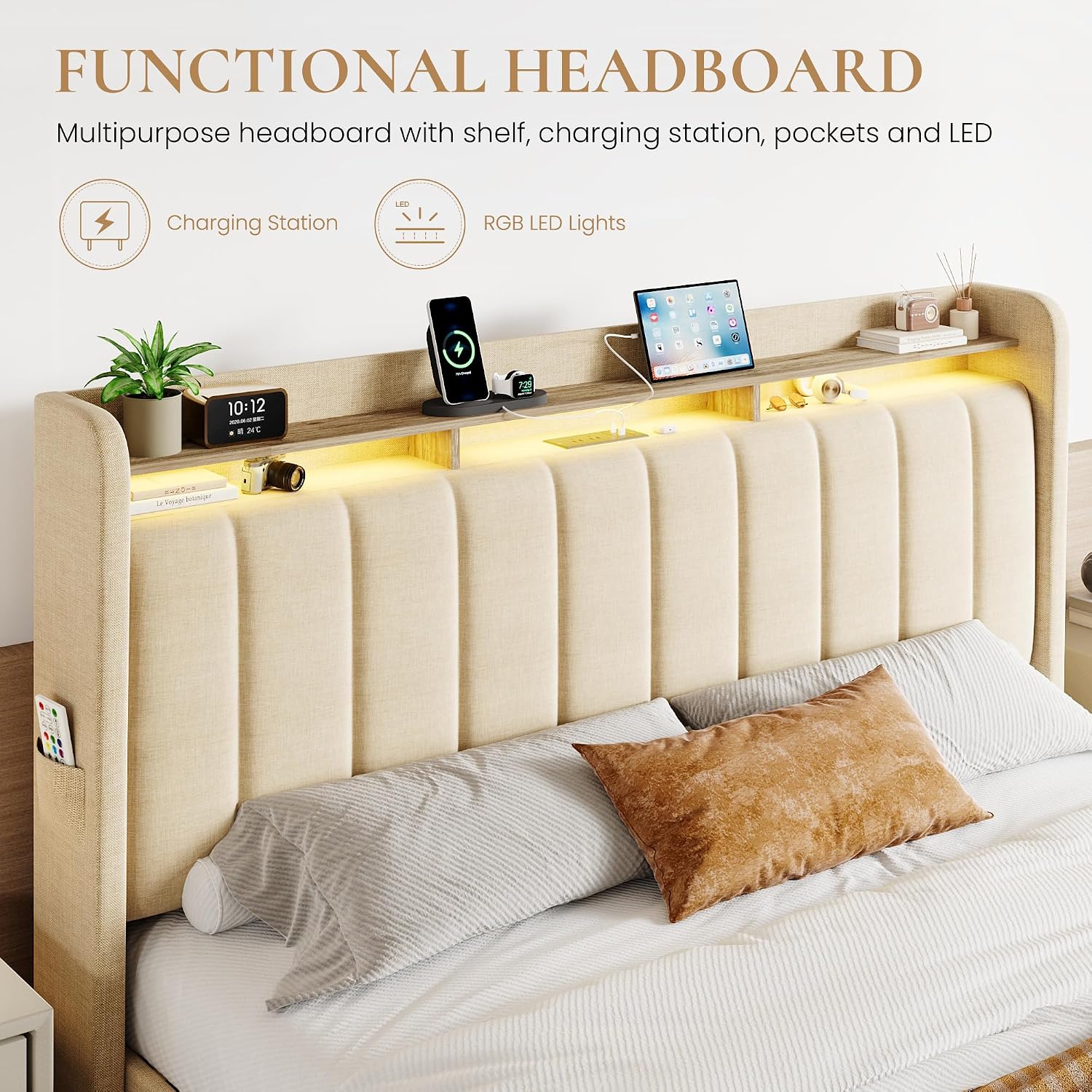 SHA CERLIN King Size Platform Bed Frame with Vertical Channel Tufted Wingback Headboard & 2 Storage Drawers/2-Tier Shelves with LED Lights & Charging Station/Noise-Free/No Box Spring Needed/Beige