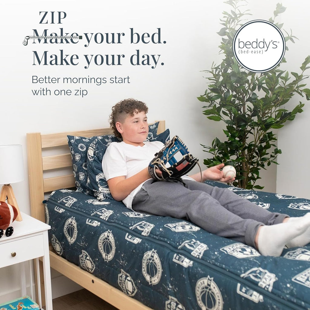 Beddy's Sports Theme Durable Zipper Bedding for Kids - Bed in a Bag - Blue Sheets with Baseball, Football, Basketball, Soccer Comforter - Includes Pillowcase & Sham - Easy to Make & Wash - Twin