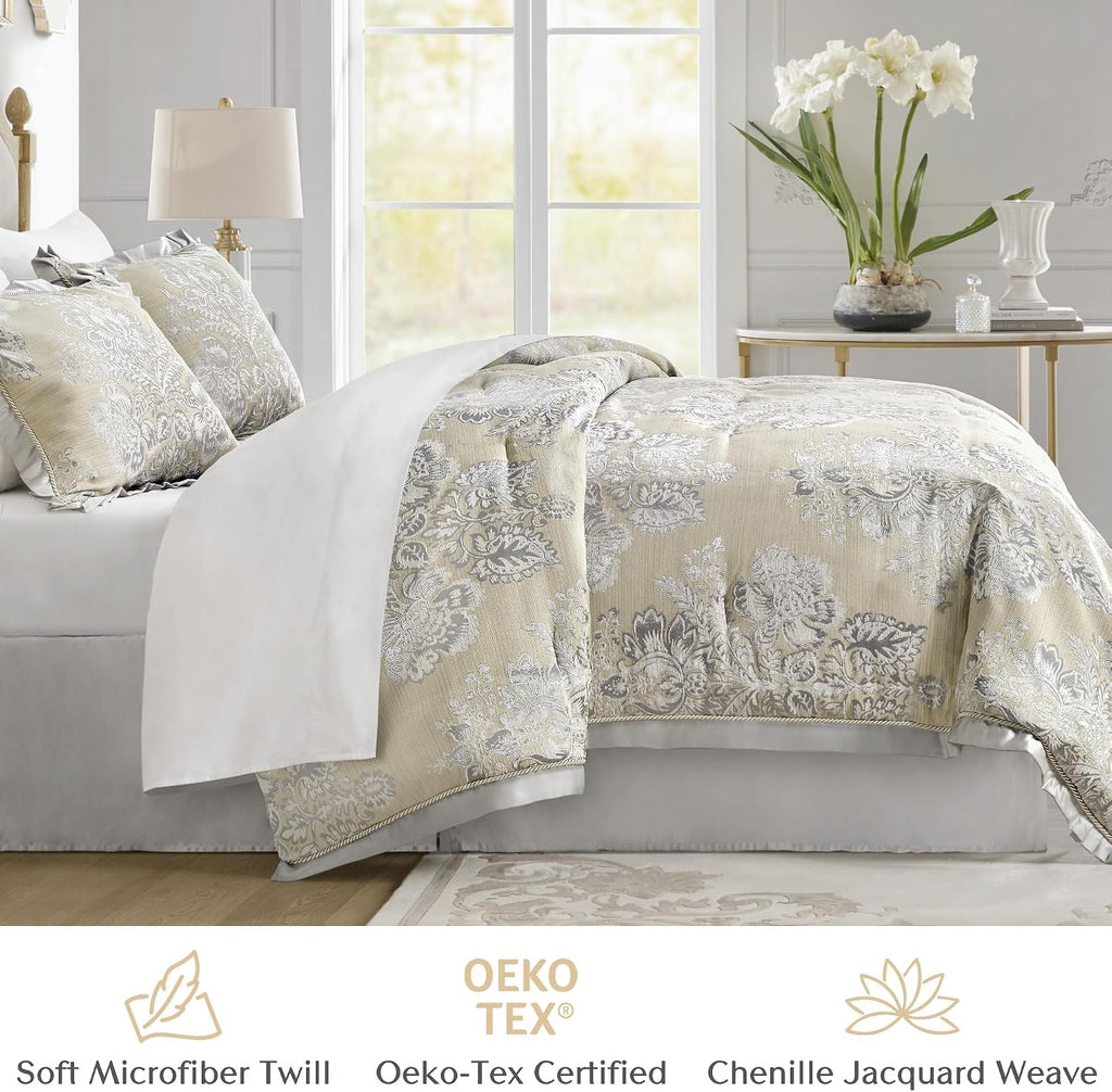CROSCILL King Comforter Set, Luxe Chenille Jacquard Floral Medallion, Microfiber Twill Comforter for a King-Size Bed, Oversized Comforter King Bedding, 2 Shams & Bedskirt, Loretta, Beige 4 Piece
