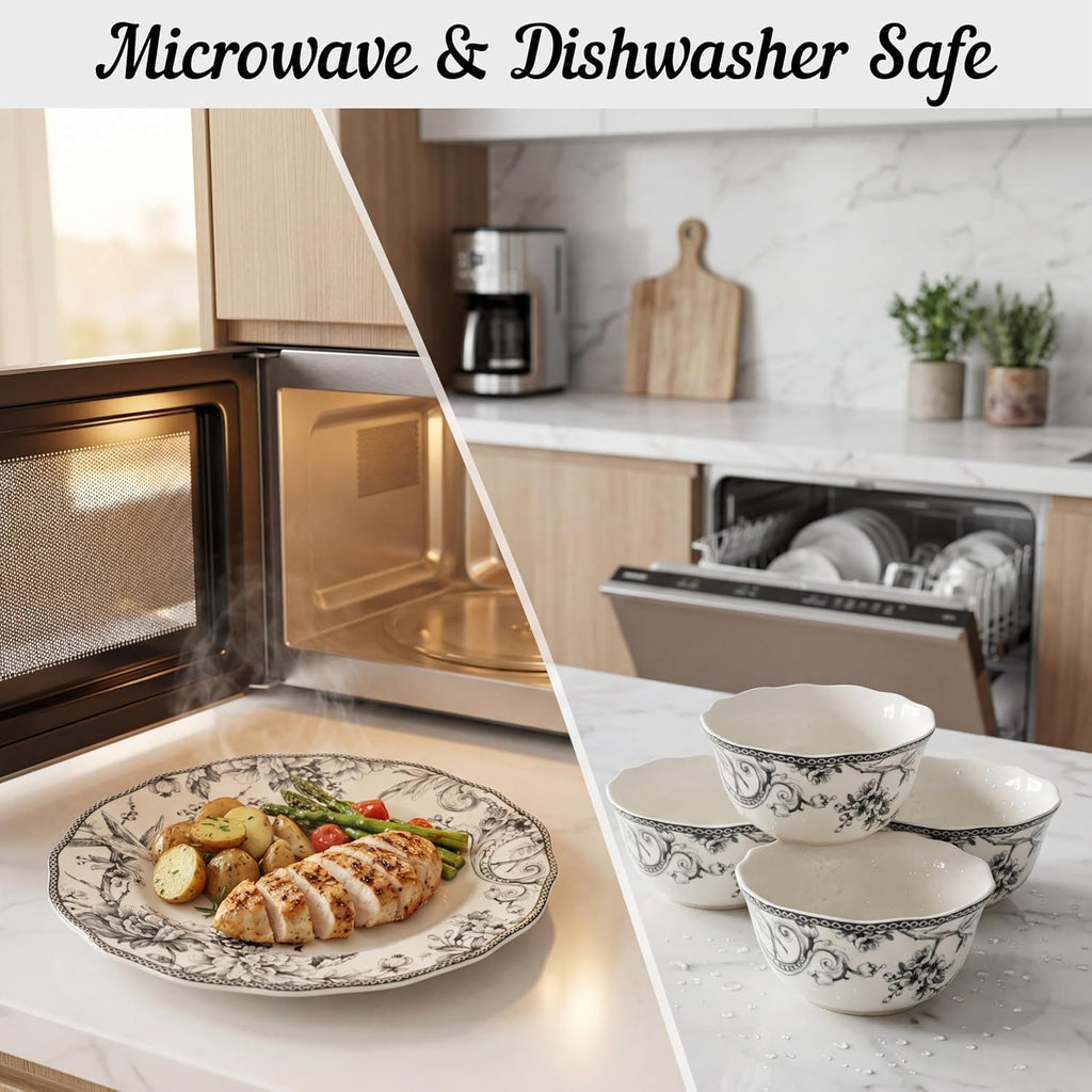 222 Fifth Adelaide 16-Piece Casual Grey Porcelain Dinnerware Set – Service for 4, Classic Toile Bird & Floral Design, Microwave & Dishwasher Safe, for Everyday Dining & Entertainment
