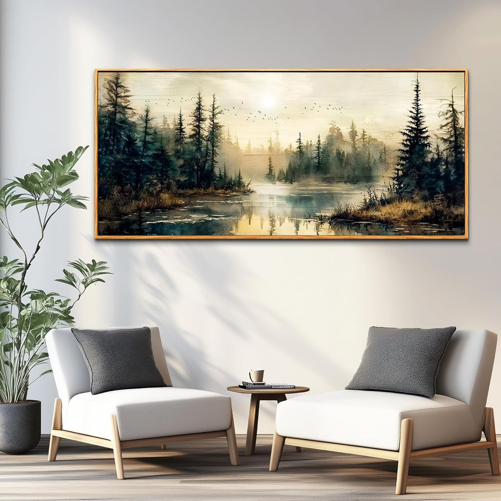 FUHAIHUA Wood Framed Large Wall Decor For Living Room Canvas Wall Art For Office Farmhouse Wall Decorations For Bedroom Forest River Landscape Paintings Modern Pictures Artwork Room Home Decor 32x72 In
