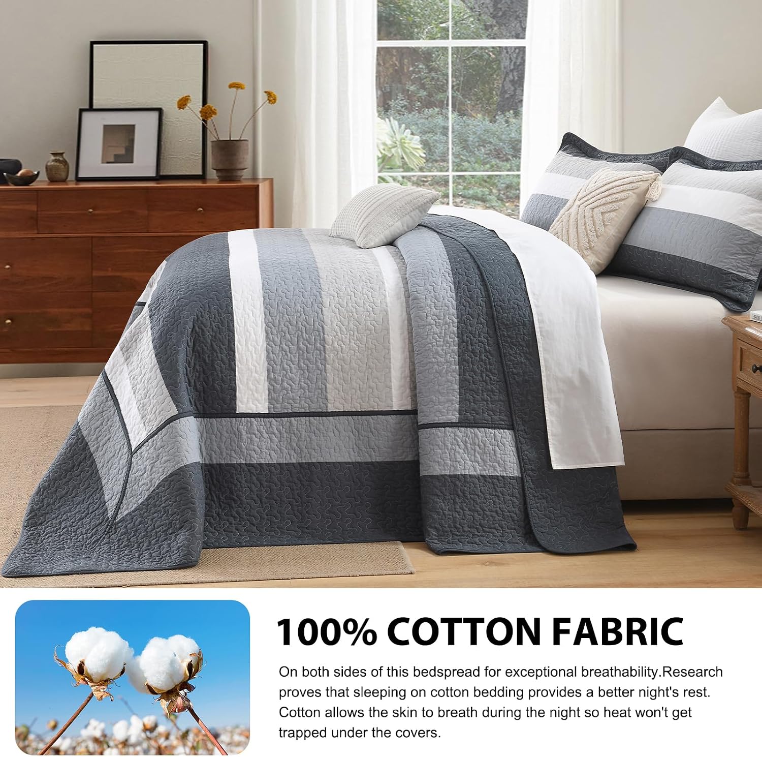 DDUOXIN Oversized Queen Bedspread 102' W x120 L - 100% Cotton California Quilt with 2 Pillow Shams, Simple Striped Design Lightweight Durable Bedding, Perfect for Modern Bedrooms, Blue/Gray/White
